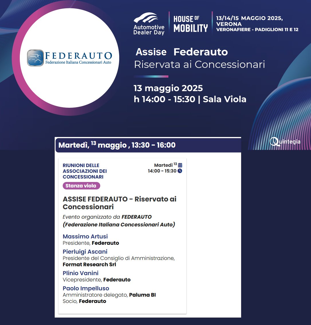 🚘#ADD25📍13-14-15 MAGGIO
#FEDERAUTO sarà presente con un proprio stand espositivo e terrà un’Assise riservata ai concessionari, un’occasione unica di confronto e approfondimento sulle sfide del settore.

Vi aspettiamo per condividere visioni, strategie e opportunità.