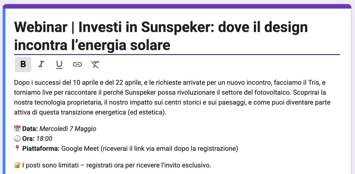 sunspeker's tweet image. #Trisss
Sì, dopo i successi dei 2 #webinar di aprile, 📅 Mercoledì 7 Maggio alle 🕕18:00, torniamo su📍#GoogleMeet per parlare di #crowdfunding (ora all'89%)🔛 crowdfundme.it/projects/sunsp… e di come diventare parte della #TransizioneEnergetica con #SeeBeyond
🔐 forms.gle/zy5Q27HZhKVWsx…