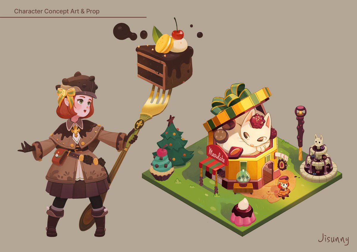 Jisunny17's tweet photo. Just finished designing Maribel and her cozy little chocolate shop 🍫✨#game concept #conceptart #characterdesign #characterartist #gameart #PORTFOLIODAY2025 https://t.co/8qAFJUcVMP
