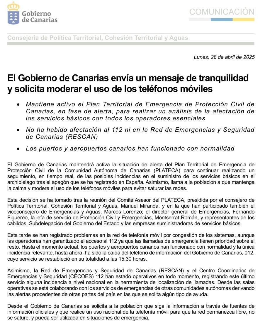 📢 AVISO

Vista la declaracion de ALERTA decretada por el #gobcan, por la afectación en algunos suministros basicos, se solicita a la poblacion, hacer un uso racional de la telefonía movil, hasta la total restitucion de los servicios.

#maspalomas➕️segura