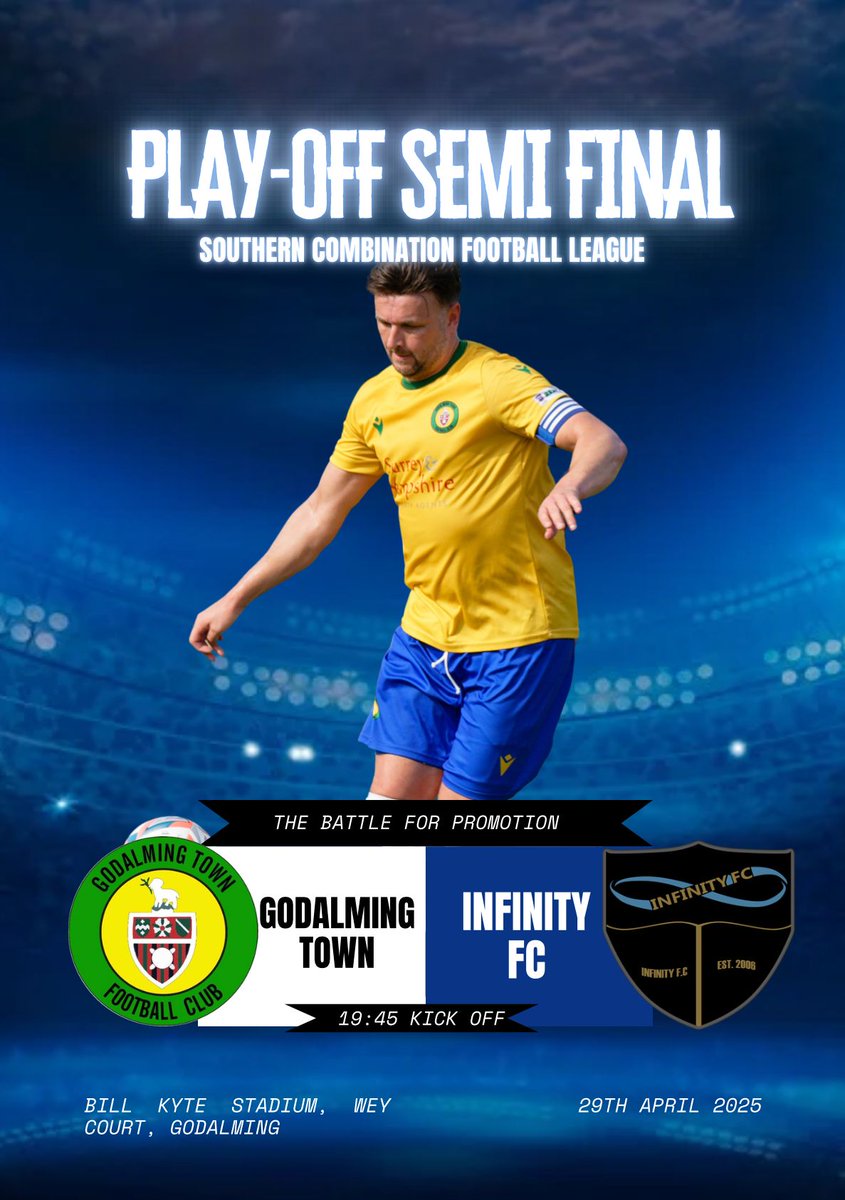 Godalming Town FC (@godalmingtown) on Twitter photo Its Gameday โฝ๏ธ: The game we have been preparing for the past month.
We welcome <a href="/Infinity_f_c/">Infinity FC</a> to The Bill Kyte Stadium for the <a href="/TheSCFL/">Premier Sports The SCFL</a> Div One Playoffs Semi-Final. 7.45pm Kick Off. Please arrive early to avoid long queues at the turnstile. Teabar will be open from 6.15. COYGs. Its Gameday โฝ๏ธ: The game we have been preparing for the past month.
We welcome <a href="/Infinity_f_c/">Infinity FC</a> to The Bill Kyte Stadium for the <a href="/TheSCFL/">Premier Sports The SCFL</a> Div One Playoffs Semi-Final. 7.45pm Kick Off. Please arrive early to avoid long queues at the turnstile. Teabar will be open from 6.15. COYGs.