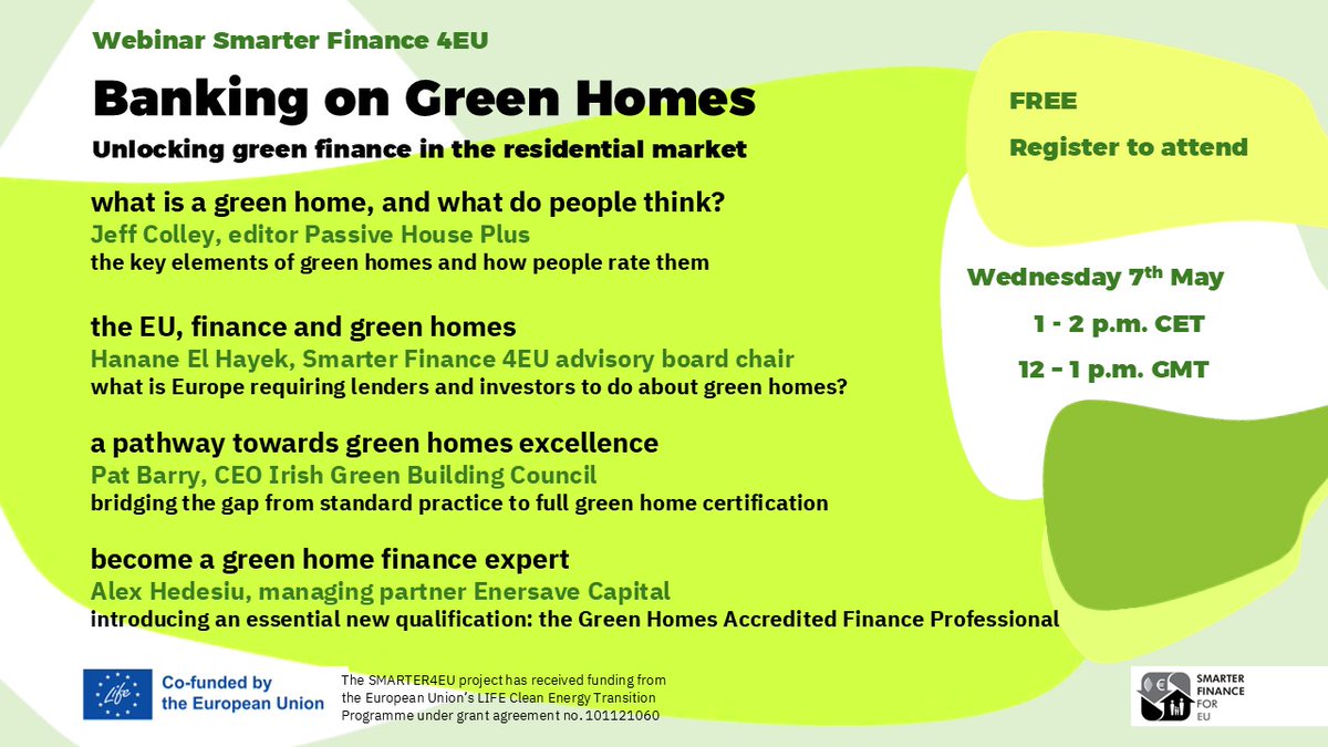 Can green homes change the future of finance?
Find out May 7, 1-2 pm at Banking on Green Homes! 
Sustainability, money, and real action — all in one hour. 
Link in comments.  #GreenFinance #GreenHomes #Smarter4EU