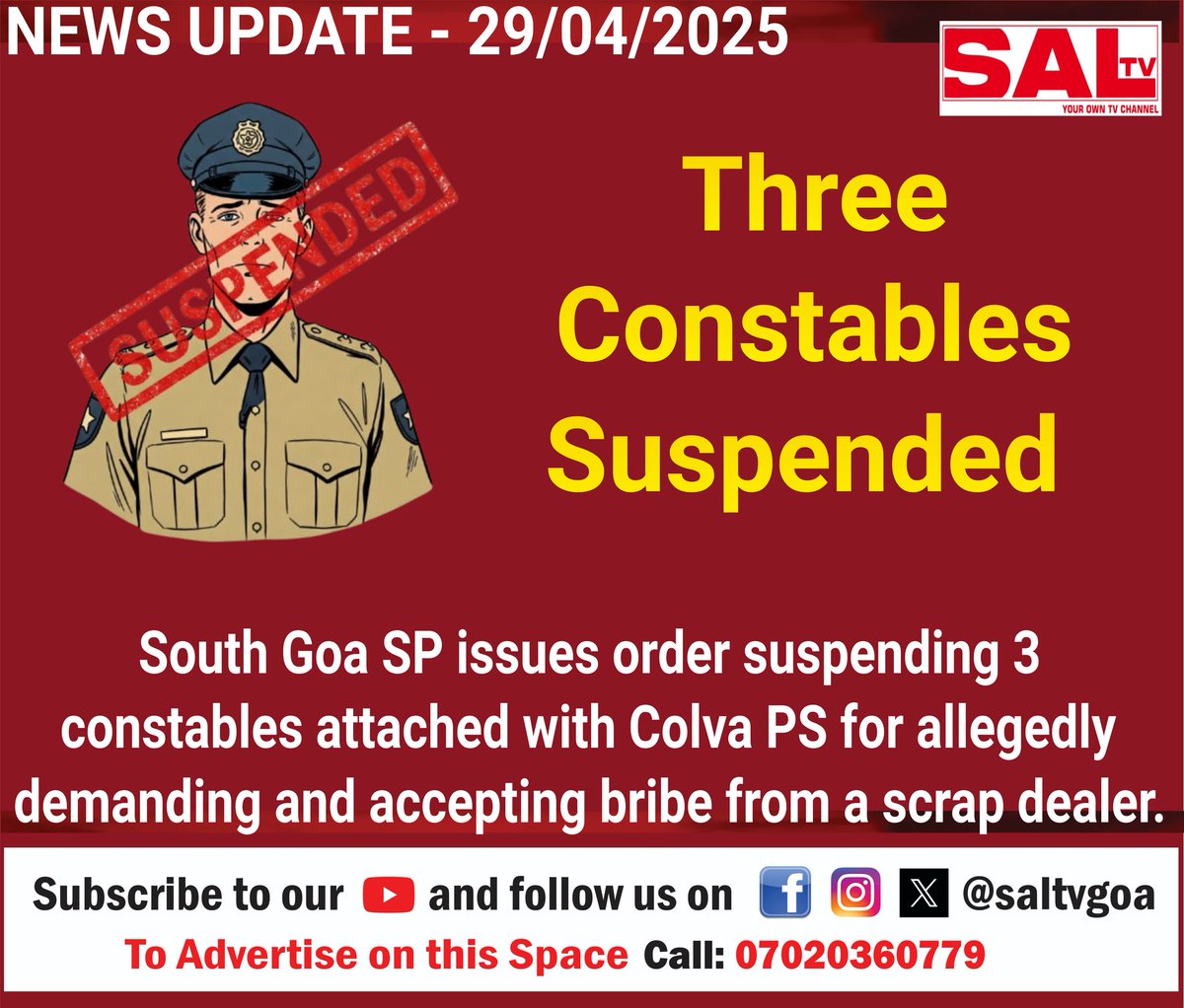 SaLtvgoa's tweet image. Three Constables Suspended 
🔴 Get the latest headlines, updates, and live streams—follow SAL TV now!
#southgoasp #suspension #bribing #GoaPolice #salcete #southgoa #news #goa #BreakingNews #newsupdate #saltvgoa #saltvnews