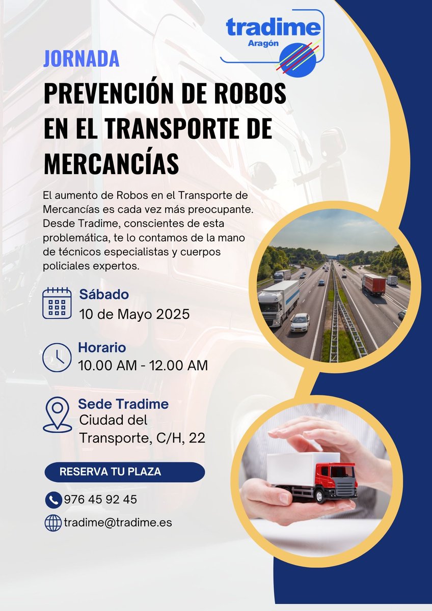 TRADIMEARAGON's tweet photo. De la mano de técnicos especialistas y cuerpos de seguridad te contamos cómo prevenir los robos en el #transporte de mercancías.
📅 Sábado, 10 de mayo de 2025
⏰ De 10:00 a 12:00 horas
📍 Sede #Tradime
📞Reserva tu plaza: 976459245
💻tradime@tradime.es https://t.co/tLVo1R9wZX