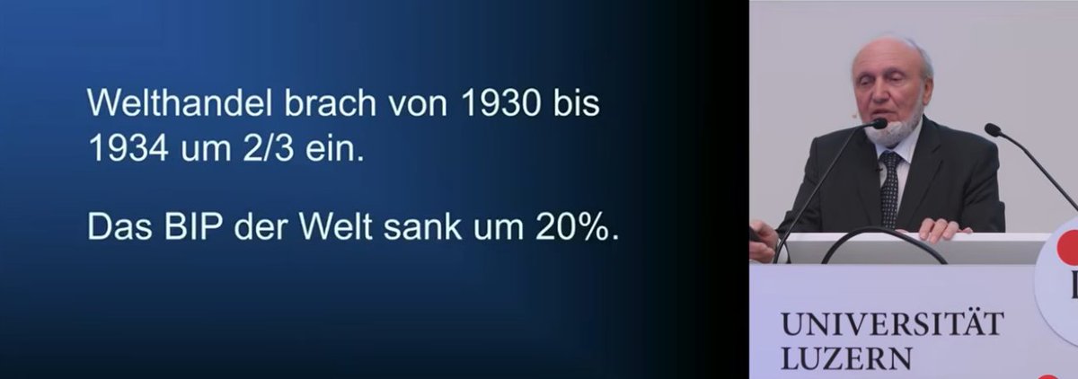 "Trumps Zolltheater dient der Neuverhandlung von Schulden"
<a href="/HansWernerSinn/">Hans-Werner Sinn</a> im April 2025 am IWP Swiss in Luzern

Lage ernster als allgemein diskutiert:
"Der Welthandel brach von 1930 bis 1934 um zwei Drittel ein und das BIP der Welt sank um 20 Prozent."

iwp.swiss/trumps-zollthe…