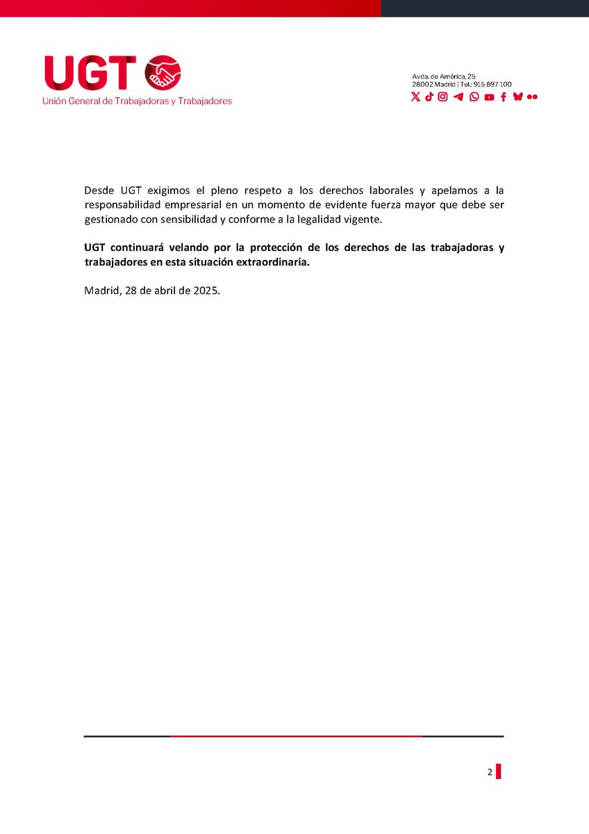 ugtaeat's tweet image. ‼️ APAGÓN ELÉCTRICO GENERALIZADO
📢 Desde UGT informamos que, de acuerdo con lo establecido en el Estatuto de los Trabajadores, las personas trabajadoras que se vean imposibilitadas de acudir a su puesto de trabajo estarán en situación de permiso retribuido.