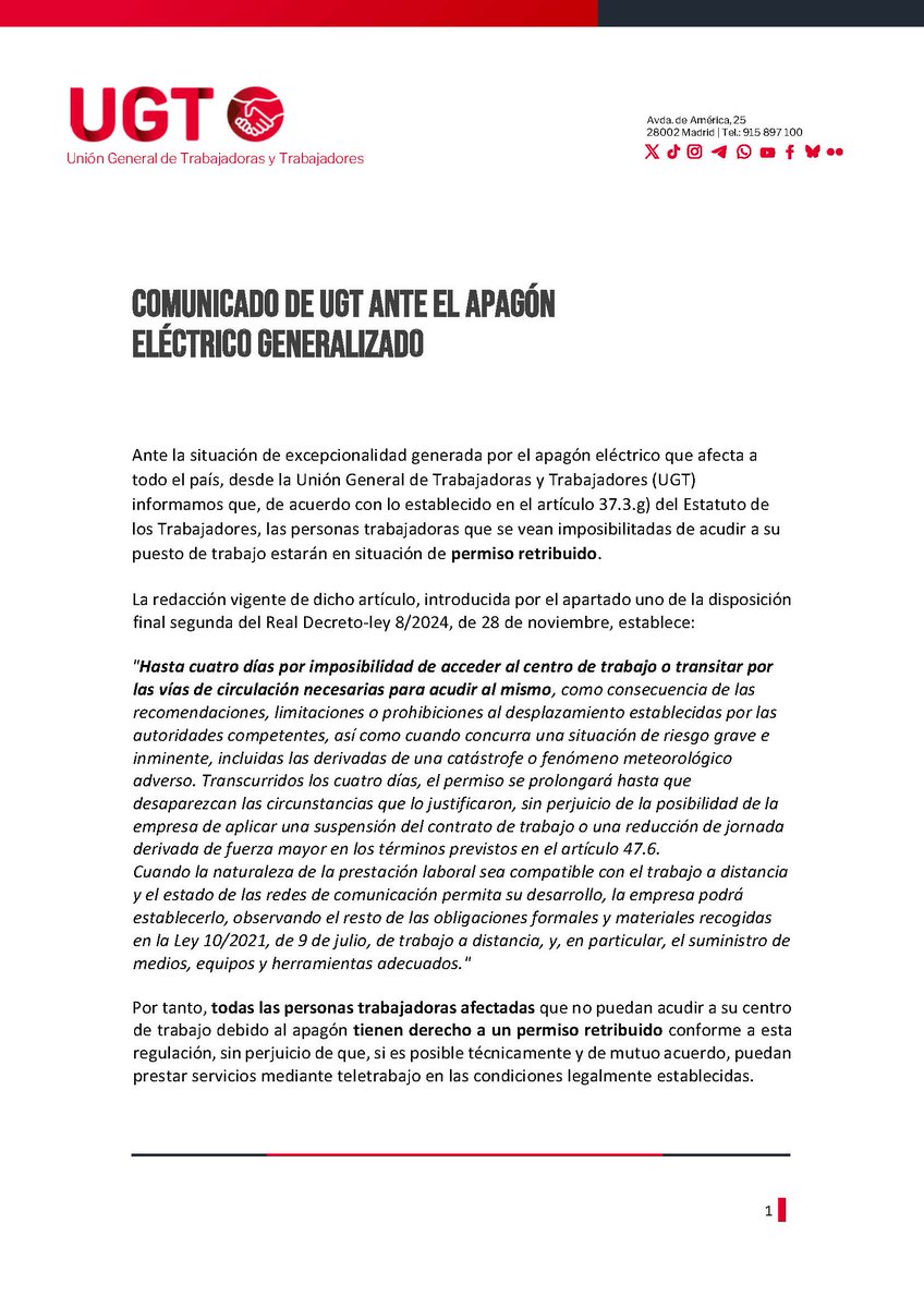 ugtaeat's tweet image. ‼️ APAGÓN ELÉCTRICO GENERALIZADO
📢 Desde UGT informamos que, de acuerdo con lo establecido en el Estatuto de los Trabajadores, las personas trabajadoras que se vean imposibilitadas de acudir a su puesto de trabajo estarán en situación de permiso retribuido.