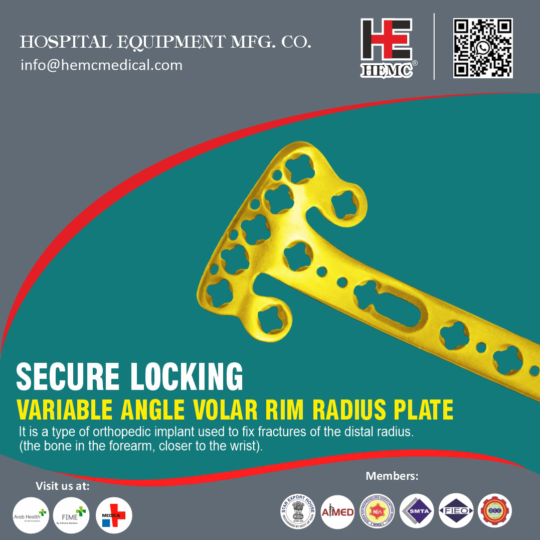 HemcOrtho's tweet image. A Secure Locking Variable Angle Volar Rim Radius Plate is a specialized orthopedic implant used in surgical fixation of distal radius fractures, particularly complex intra-articular or volar (palm side) fractures near the wrist.
#SecureLockingVariableAngle #VolarRimRadiusPlate
