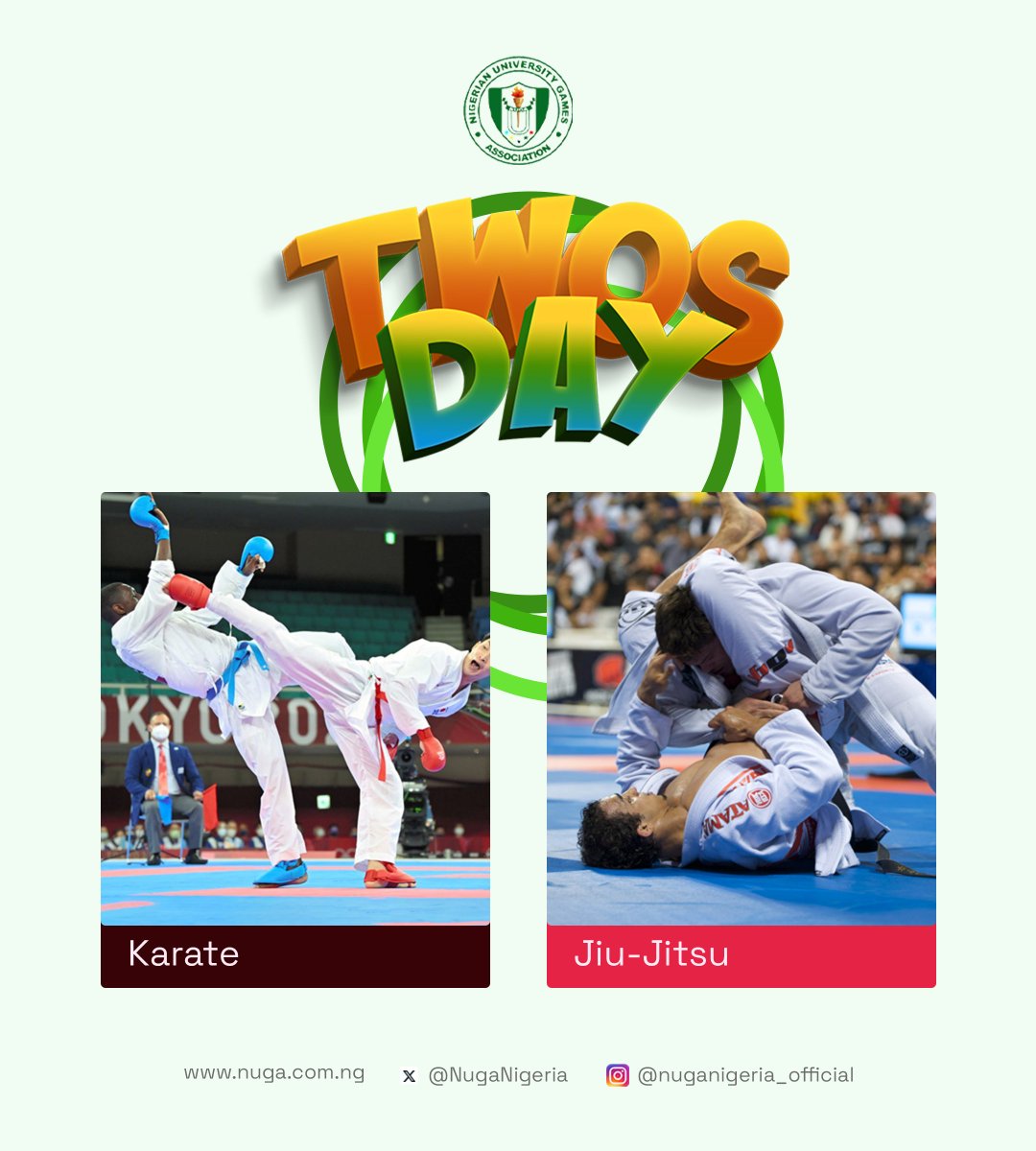 🥋 It’s TWOS-DAY, and we're putting the spotlight on Karate and Jiu-Jitsu!

From striking precision to ground game finesse, these martial arts showcase power, strategy, and discipline on a whole new level.

Which side are you on the kicks or the grips? 👊🤼‍♂️

#NUGA