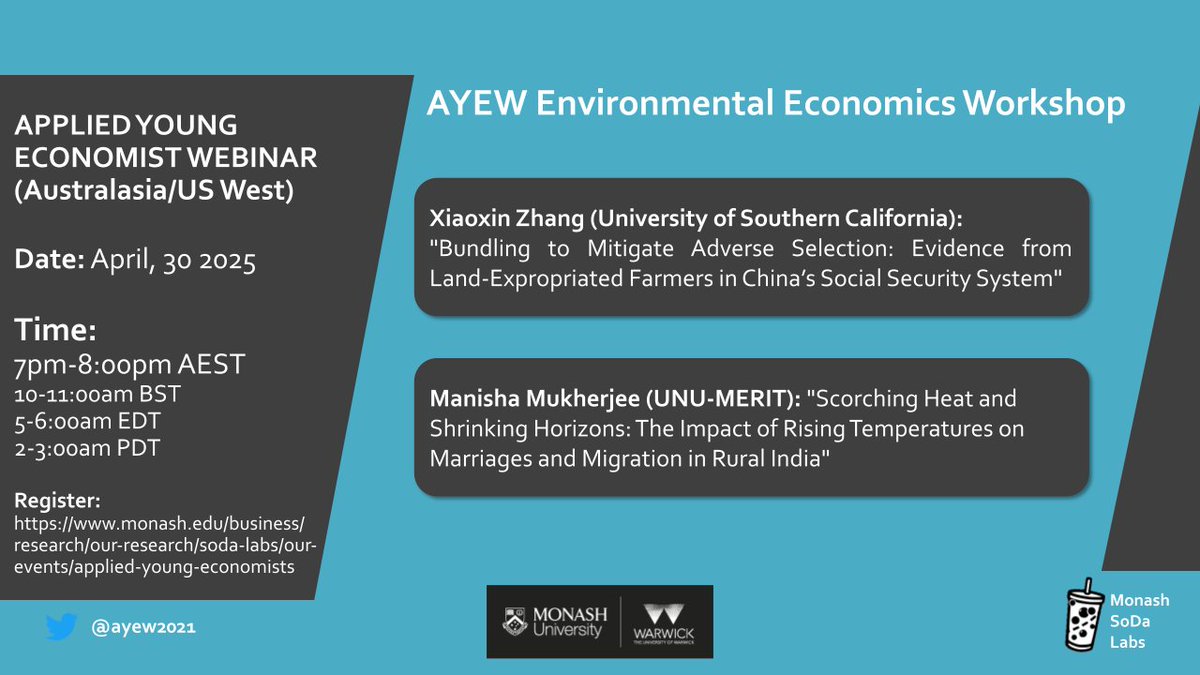 Applied Young Economist Webinar (@ayew2021) on Twitter photo TOMORROW (30 April): AYEW Environmental Economics Workshop!
Join us at 7:00pm AEST to listen to Xiaoxin Zhang (<a href="/USC/">USC</a> ) & <a href="/august_manisha/">Manisha Mukherjee</a> (<a href="/UNUMERIT/">United Nations University - MERIT</a>)
Sign up for Zoom details: monash.edu/business/impac… TOMORROW (30 April): AYEW Environmental Economics Workshop!
Join us at 7:00pm AEST to listen to Xiaoxin Zhang (<a href="/USC/">USC</a> ) & <a href="/august_manisha/">Manisha Mukherjee</a> (<a href="/UNUMERIT/">United Nations University - MERIT</a>)
Sign up for Zoom details: monash.edu/business/impac…