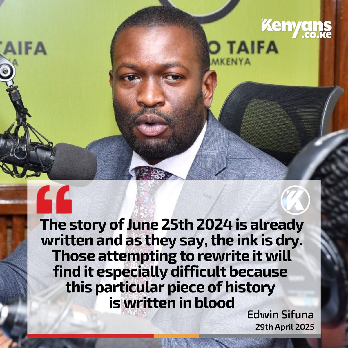Kenyans's tweet photo. The story of June 25th 2024 is written in blood - Edwin Sifuna https://t.co/CGN2uxz97Y