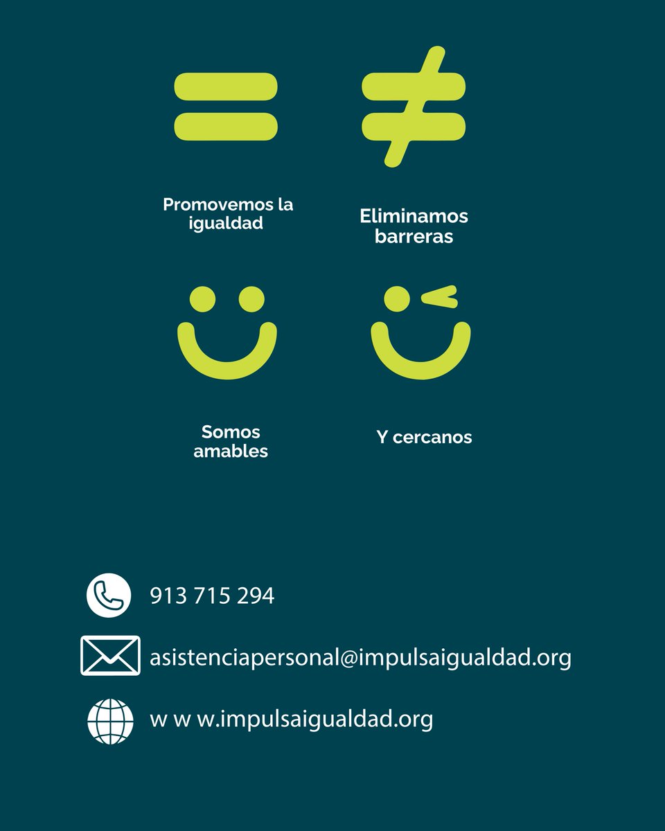 IMPULSA IGUALDAD (@impulsaigualdad) on Twitter photo ¿Sabías que puedes contratar a un #asistentepersonal para ser más #autónomo?
En IMPULSA IGUALDAD te asesoramos, gestionamos y te ayudamos a elegir el apoyo que necesitas.
📞 913 715 294 | 📧 asistenciapersonal@impulsaigualdad.org ¿Sabías que puedes contratar a un #asistentepersonal para ser más #autónomo?
En IMPULSA IGUALDAD te asesoramos, gestionamos y te ayudamos a elegir el apoyo que necesitas.
📞 913 715 294 | 📧 asistenciapersonal@impulsaigualdad.org