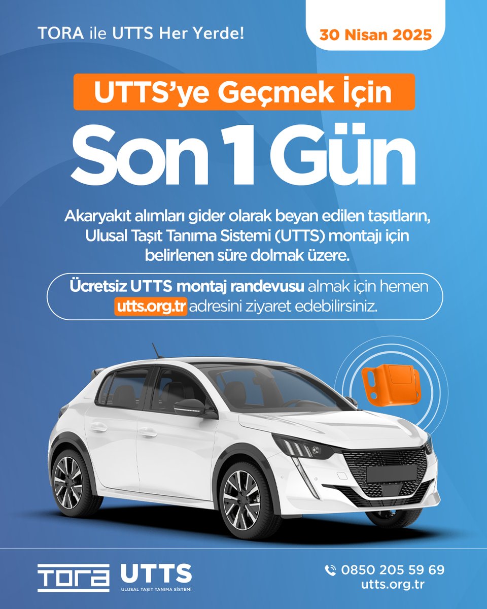 UttsMontaj's tweet photo. UTTS’ye geçmek için son 1 gün!

Ücretsiz UTTS montaj randevusu almak için hemen https://t.co/6H1jMHq4el adresiniziyaret edebilirsiniz.

#UTTS
#UlusalTaşıtTanımaSistemi
#TaşıtTanımaBirimi
#UTTSMontaj
#UTTSTTB
#TTBMontaj
#Tora https://t.co/wiA8CZLU2p