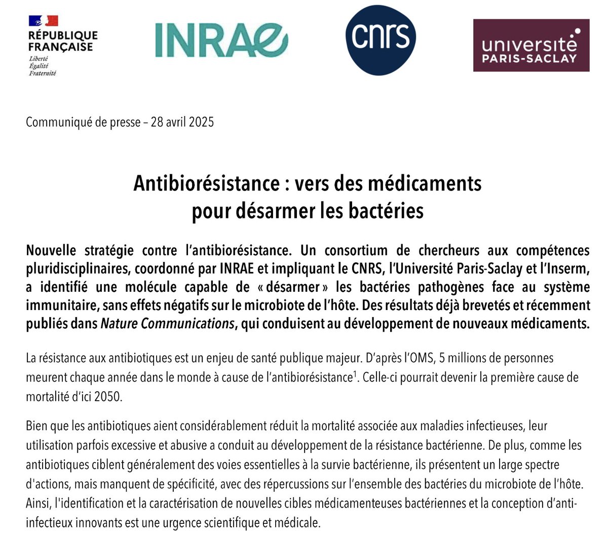Alain Schuhl (@alainschuhl) on Twitter photo Désarmer les bactéries pour lutter contre l'antibiorésistance
cnrs.fr/fr/presse/anti… Une molécule capable de « désarmer » les bactéries pathogènes face au système immunitaire, sans effets négatifs sur le microbiote de l’hôte vient d'être identifier
<a href="/CNRSbiologie/">CNRS Biologie</a> <a href="/CNRS/">CNRS 🌍</a>
Des Désarmer les bactéries pour lutter contre l'antibiorésistance
cnrs.fr/fr/presse/anti… Une molécule capable de « désarmer » les bactéries pathogènes face au système immunitaire, sans effets négatifs sur le microbiote de l’hôte vient d'être identifier
<a href="/CNRSbiologie/">CNRS Biologie</a> <a href="/CNRS/">CNRS 🌍</a>
Des