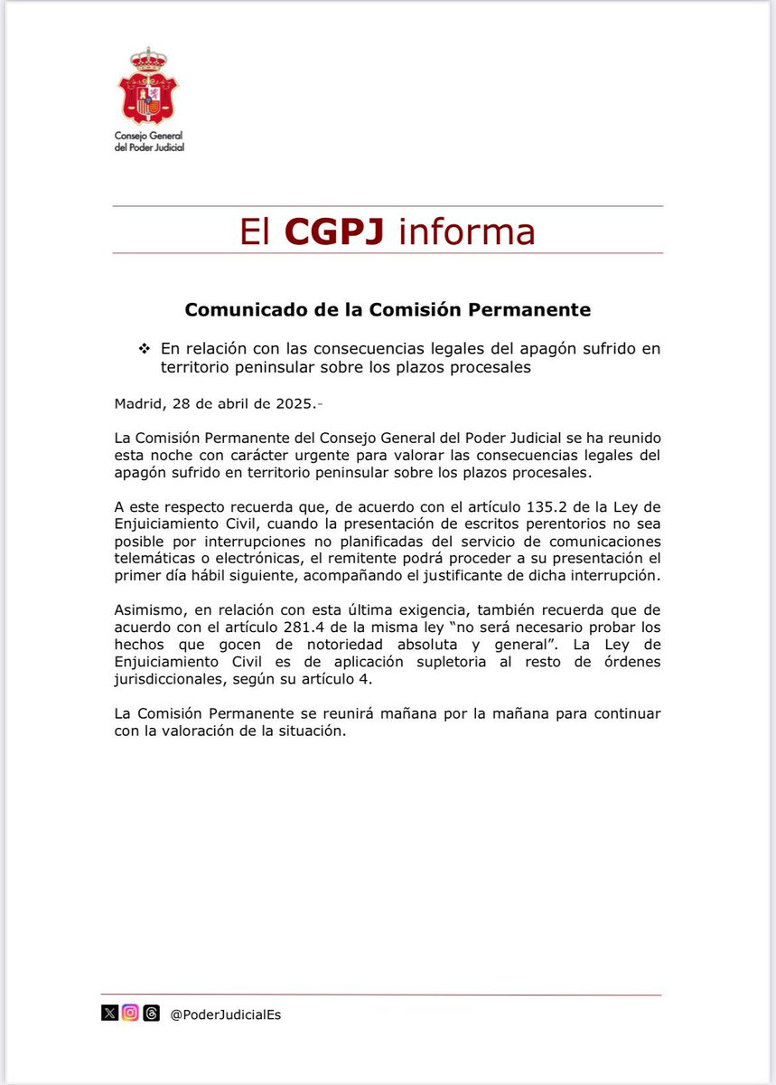 📰El CGPJ informa. Comunicado de la Comisión Permanente. #abogacia #CGPJ #plazosprocesales <a href="/MargaCerro/">Marga Cerro</a>