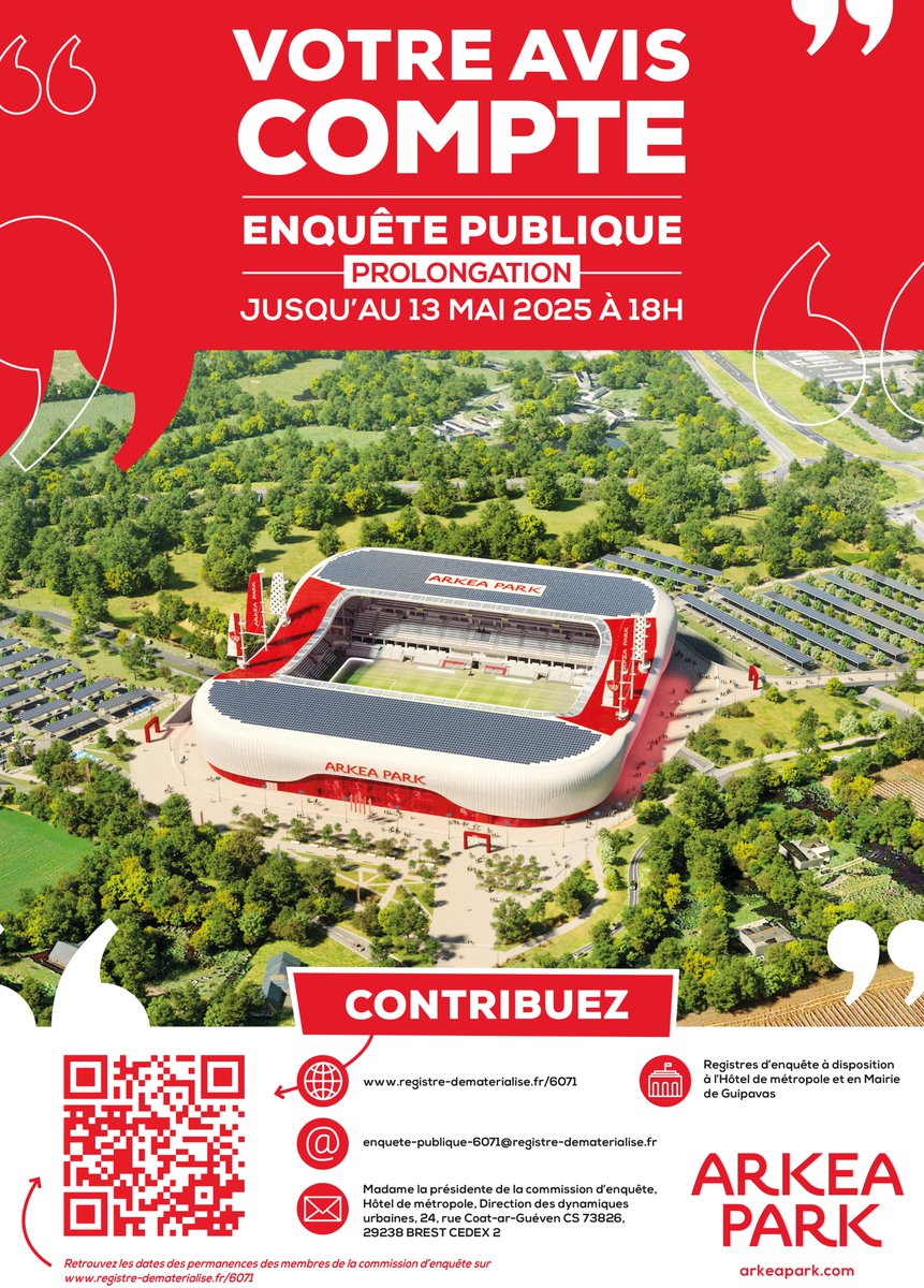 SB29's tweet image. 🏟 𝗔𝗿𝗸𝗲́𝗮 𝗣𝗮𝗿𝗸 | Prolongation de l'enquête publique jusqu'au 13 mai à 18h. 𝗖𝗼𝗻𝘁𝗶𝗻𝘂𝗲𝘇 𝗮̀ 𝗰𝗼𝗻𝘁𝗿𝗶𝗯𝘂𝗲𝗿 !
👉 registre-dematerialise.fr/6071/