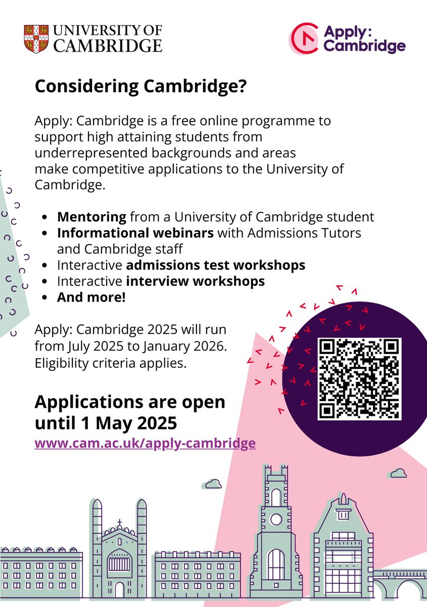 Year 12s: Applications for Apply: Cambridge 2025/26 are open now!

Apply by Thursday 1st May 2025 at 9am via cam.ac.uk/apply-cambridge.