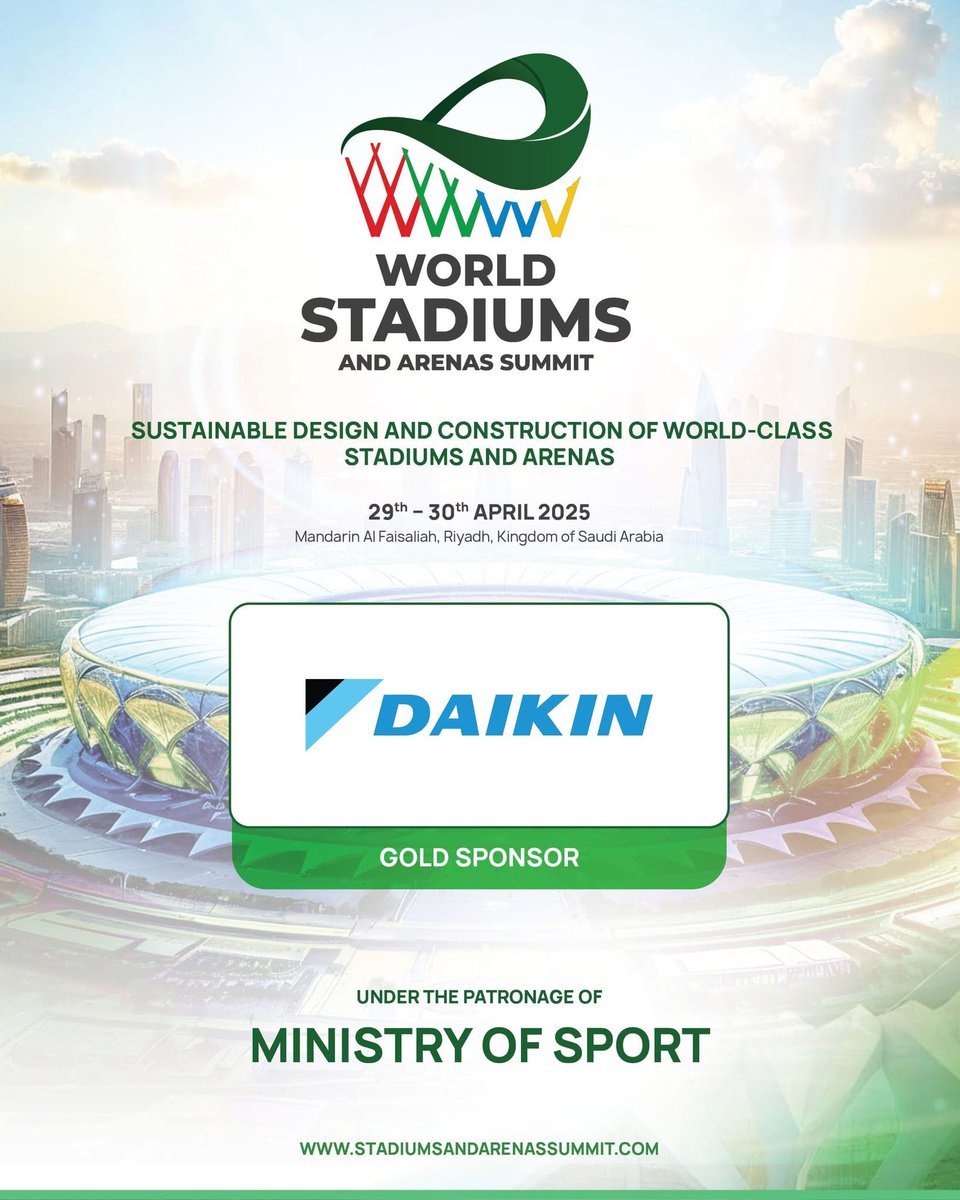 DaikinSaudi's tweet image. Daikin Saudi Arabia is proud to participate in the World Stadiums and Arenas Summit, an event organized under the patronage of the Ministry of Sport, Saudi Arabia. We look forward to seeing you there!
@mosgovsa @worldstadiumsandaren @gmgroupdxb 
.
.
.
#WSAS #StadiumDevelopment…