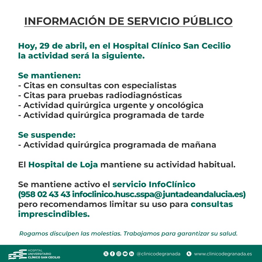 ℹ️Información de Servicio Público para la población de referencia del Hospital Universitario Clínico San Cecilio de #Granada