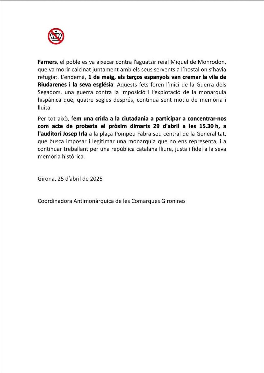 @CLxRGirona (@clxrgirona) on Twitter photo Donem suport a la concentració organitzada avui per la <a href="/CACCGi/">Coord.AntimonarquicaC.Gironines</a> a 2/4 de 4 davant la seu de la Generalitat a Girona
Us animem a participar #NoTenimRei Donem suport a la concentració organitzada avui per la <a href="/CACCGi/">Coord.AntimonarquicaC.Gironines</a> a 2/4 de 4 davant la seu de la Generalitat a Girona
Us animem a participar #NoTenimRei