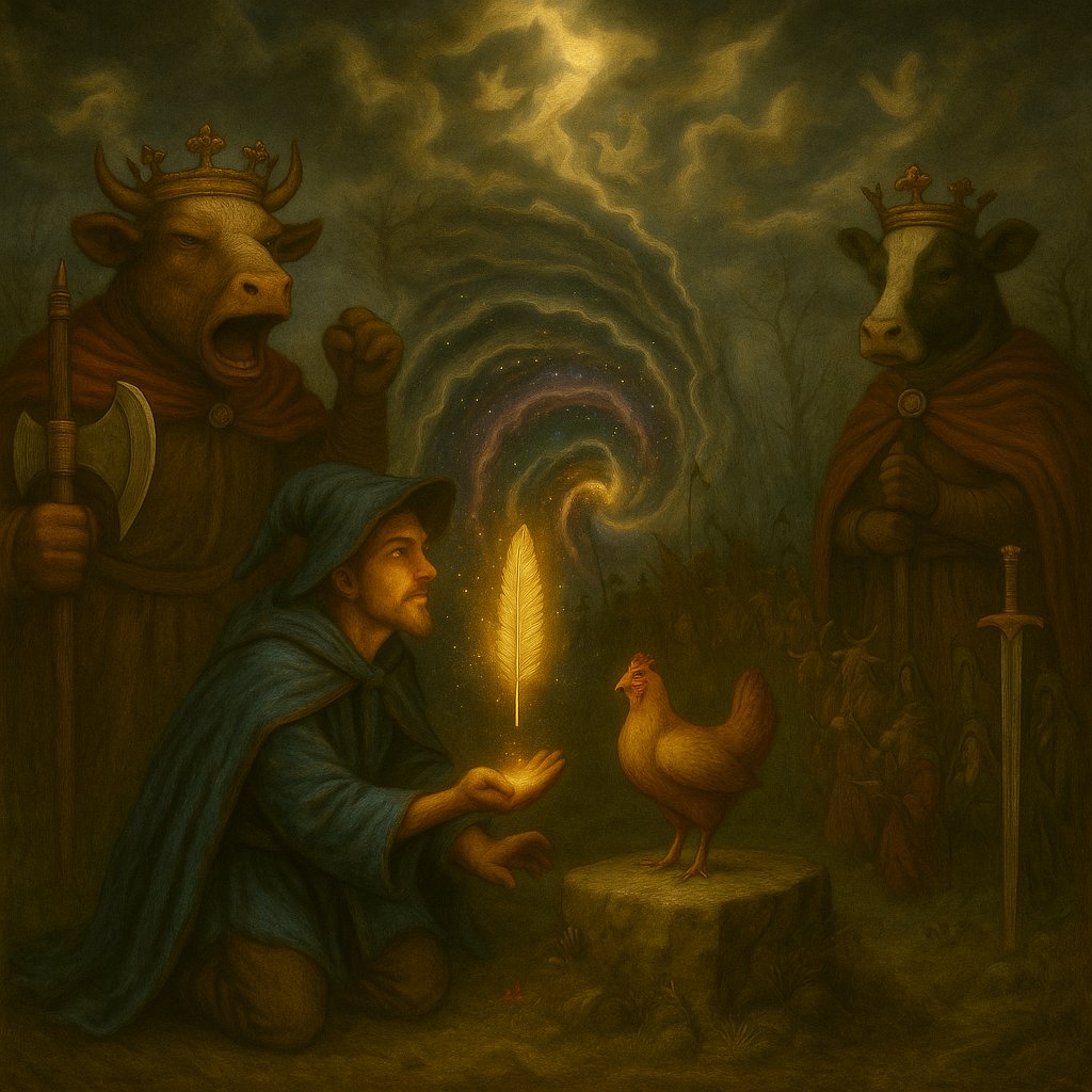 Upon the trembling breath of a fractured world, the feather chose its bearer, and the heavens unscrolled their mind — as kings roared, queens stood, and the silent map of side quests opened at last.