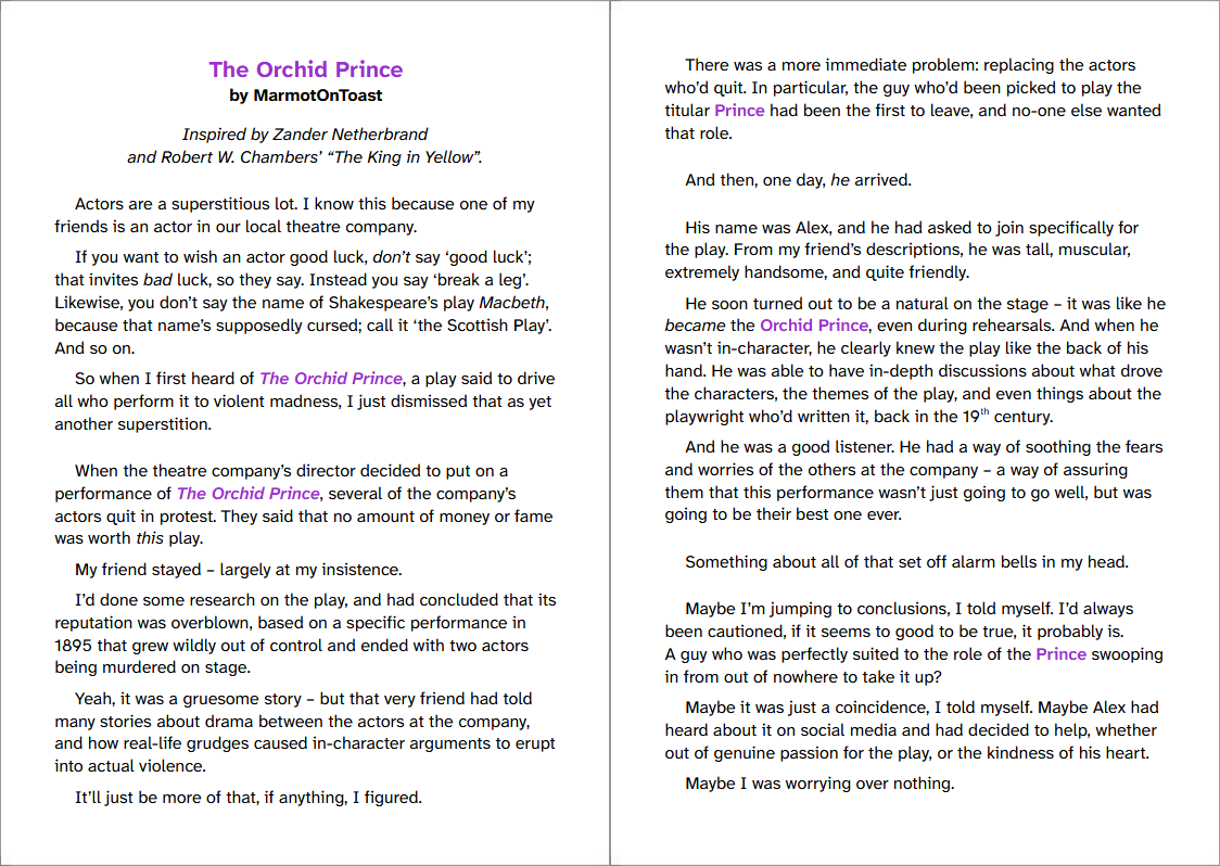 MarmotOnToast's tweet photo. #Netherfiction
"The Orchid Prince", a horror fic inspired by the King in Yellow.
Contains horror themes... probably unsurprisingly. https://t.co/F4jFULROm9