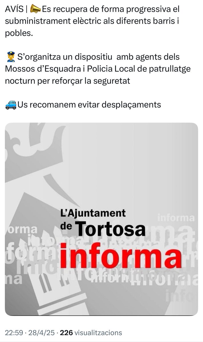 Ferran_Bel's tweet photo. ⚠️ #Tortosa sense llum, com tot l’estat. L’Ajuntament només fa 2 piulades una a les 13:30 i una a les 22:59, cap nota ni cap compareixença. L’alcalde i la 1ª tinent alcalde, ni estan ni se’ls espera. Més apagats que el sistema elèctric. Falta de lideratge absoluta #governfake https://t.co/X2H3dbMFuj