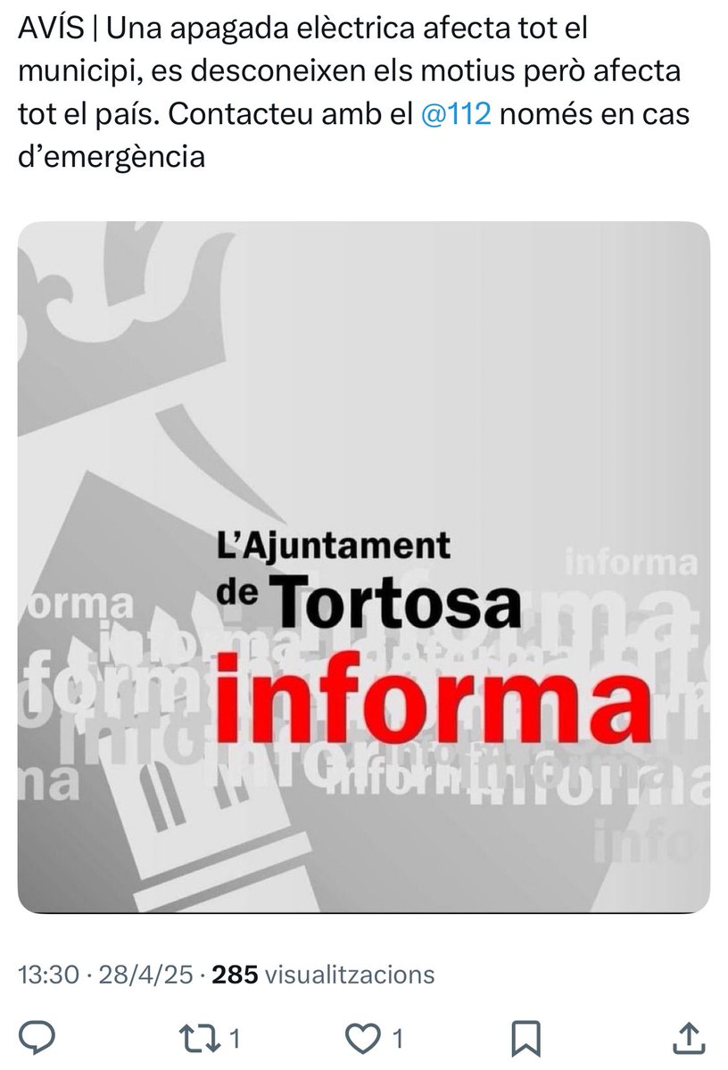 Ferran_Bel's tweet photo. ⚠️ #Tortosa sense llum, com tot l’estat. L’Ajuntament només fa 2 piulades una a les 13:30 i una a les 22:59, cap nota ni cap compareixença. L’alcalde i la 1ª tinent alcalde, ni estan ni se’ls espera. Més apagats que el sistema elèctric. Falta de lideratge absoluta #governfake https://t.co/X2H3dbMFuj