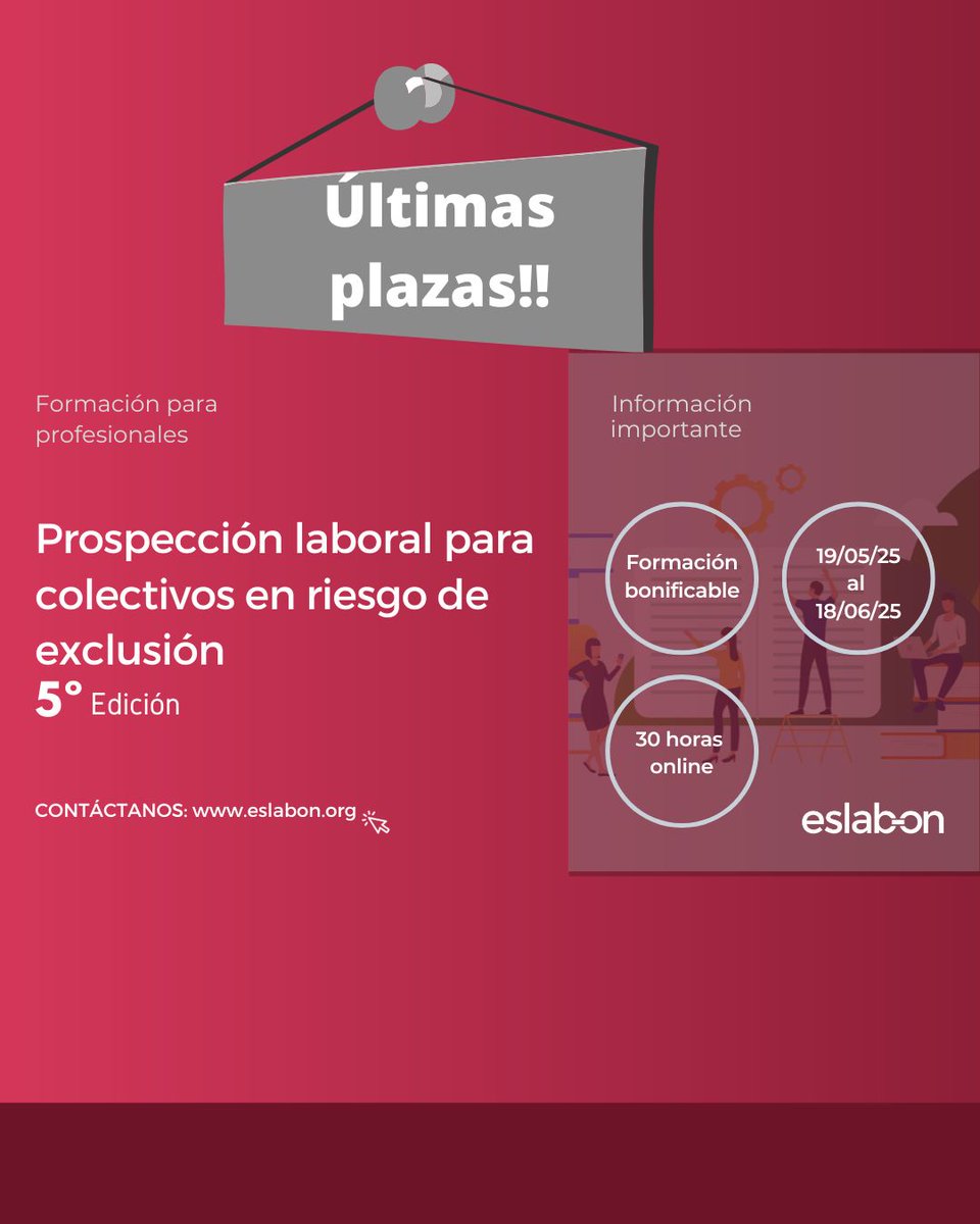 ¡Últimas plazas!

🧑‍🎓 Este curso está dirigido a profesionales del ámbito sociolaboral que realicen labores de intermediación laboral o contacto con empresas para lograr la inserción laboral de los participantes de sus programas.

⏰ 30h de formación modalidad aula virtual.

🧵