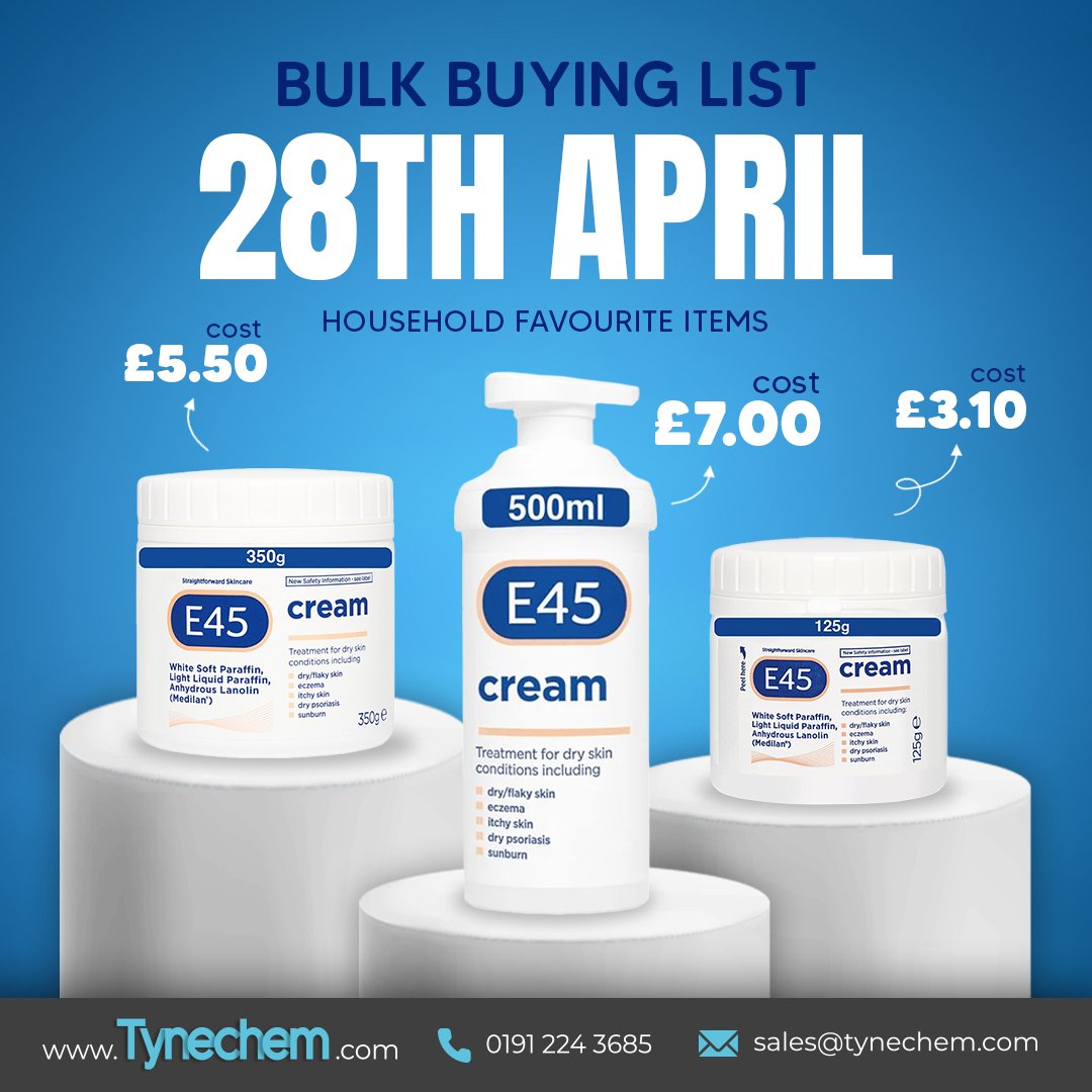 Our 28th April Bulk Buying List is live! 📋 Take a look at some of our E45 range below and download the full list to get your orders in now.  📷 tynechem.com/wp-content/upl…… #BulkBuying #PharmacySupplies #RetailSupplies