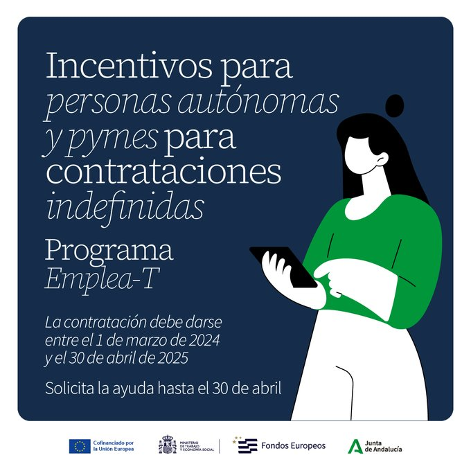 cadegranada's tweet photo. 🚨 Hasta mañana ③⓪ de abril puedes solicitar las ayudas del programa #EmpleaT @EmpleoJunta‼️
🎯Incentivos para contratar jóvenes, mayores de 45 y colectivos vulnerables
ℹ️https://t.co/BalK9evsb3
🤝¿Necesitas ayuda? Contacta con tu #CADE📍 https://t.co/tuxXLeAF7T
#EmprendeAND https://t.co/WNqAzAD6nN