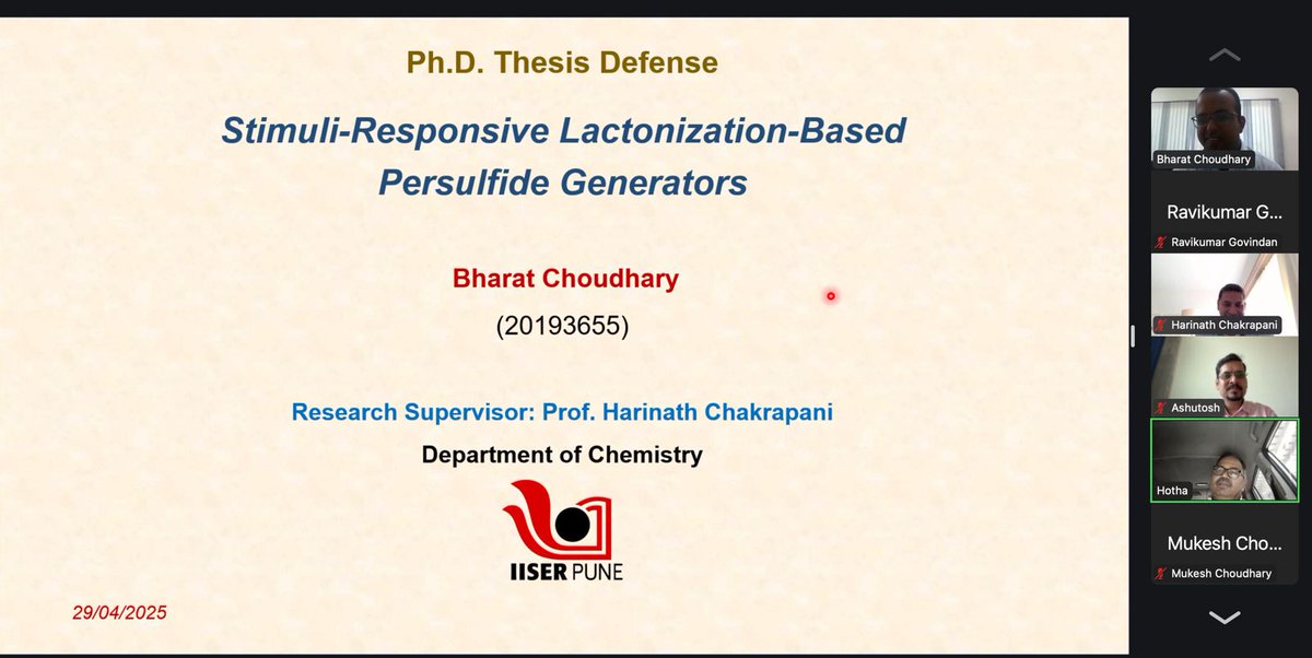 Harinath Chakrapani (@hari_chakrapani) on Twitter photo Congratulations Bharat Chaudhary on your successful PhD thesis defence! Thanks <a href="/srinivashotha/">Srinivas Hotha</a> for chairing and Ashutosh from IIT Hyderabad, the external examiner. PhD no 15 from our lab... <a href="/IISERPune/">IISER Pune</a> Congratulations Bharat Chaudhary on your successful PhD thesis defence! Thanks <a href="/srinivashotha/">Srinivas Hotha</a> for chairing and Ashutosh from IIT Hyderabad, the external examiner. PhD no 15 from our lab... <a href="/IISERPune/">IISER Pune</a>