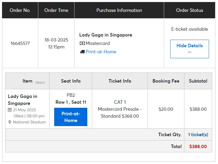 #LadyGagaInSingapore #ladygagasingapore #ladygagaSG #MAYHEMinSG 
May 21 - Lady Gaga 
2 tickets wanna resell with original price 388$ (both tix under my name) 
⭐️Cat 1 PB2 - Row 1, Seat 11 (front row) 
⭐️Cat 1 PB3 - Row 3, Seat 19 (more closer to stage)