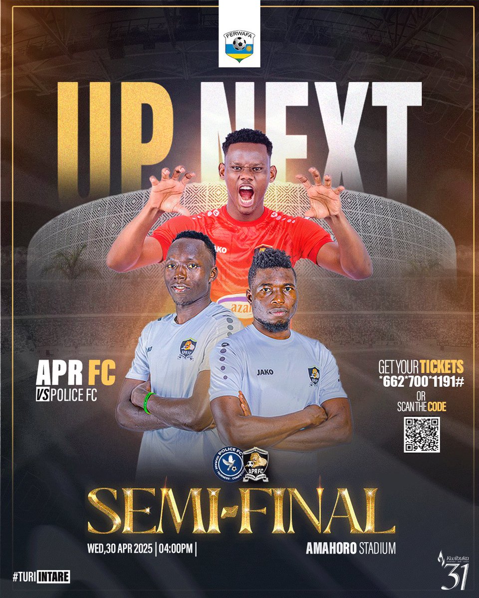 aprfcofficial's tweet photo. Semi-final showdown at Amahoro Stadium this Wednesday. Don’t watch it from home. Come and experience the Peace Cup semi-final live at Amahoro Stadium 🆚️ Police FC.

Tickets at *662*700*1191* 🎟

#IntareMuMahoro
#Nyamukandagira 
#TuriIntare
#APRFC https://t.co/Q6Z8KPC1T1