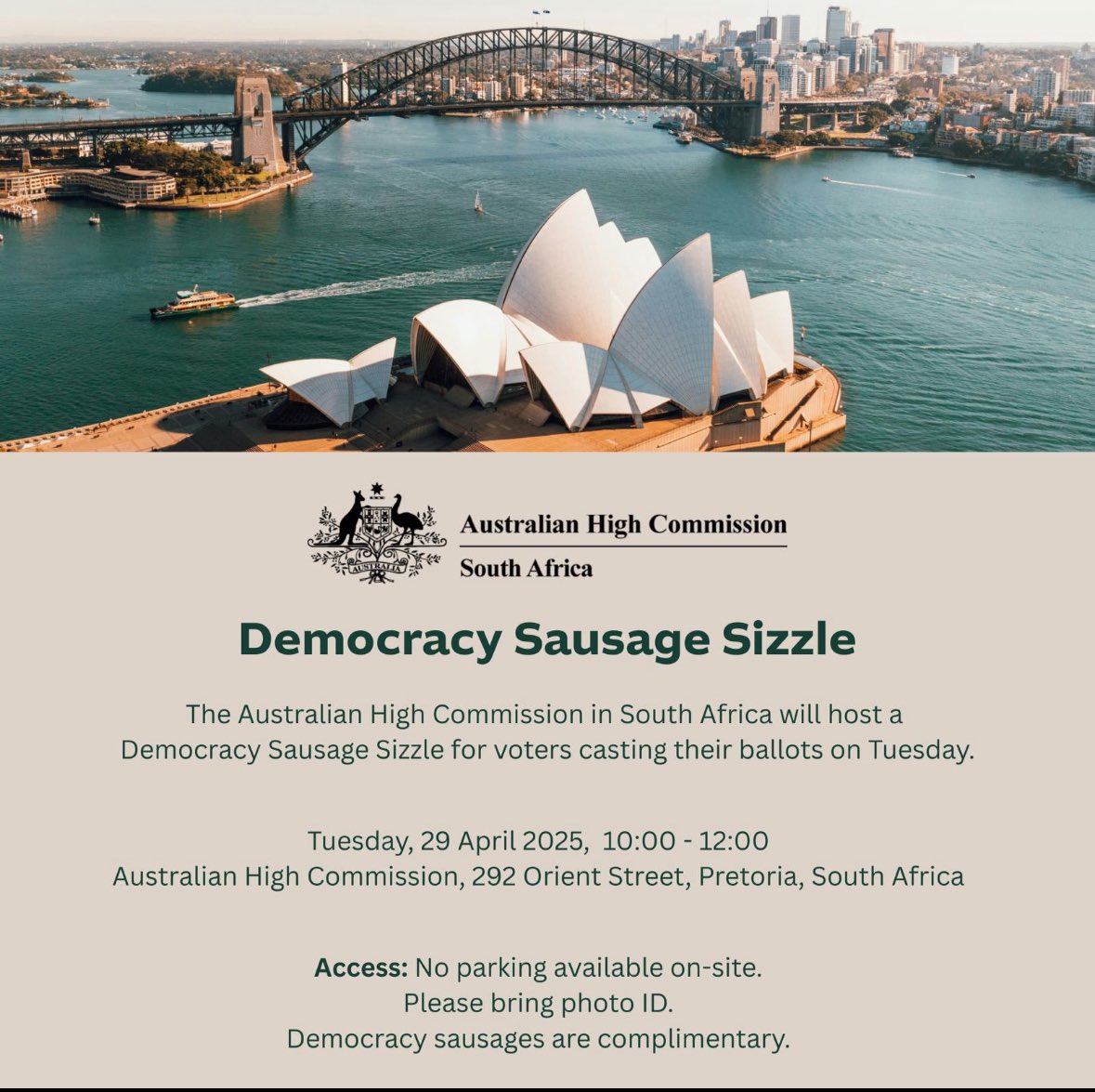 Tegan Brink (@auhcsouthafrica) on Twitter photo You can still vote in the 3 May Federal Election! If you haven’t voted, you can come to <a href="/AuHCSouthAfrica/">Tegan Brink</a> to cast your ballot. Today from 10am-12pm we’ll be offering a #DemocacySausage! 🗳️
In person voting:
29 April: 9am-12pm,
30 April: 9am-12pm
2 May: 9am-12pm, 1-3pm You can still vote in the 3 May Federal Election! If you haven’t voted, you can come to <a href="/AuHCSouthAfrica/">Tegan Brink</a> to cast your ballot. Today from 10am-12pm we’ll be offering a #DemocacySausage! 🗳️
In person voting:
29 April: 9am-12pm,
30 April: 9am-12pm
2 May: 9am-12pm, 1-3pm