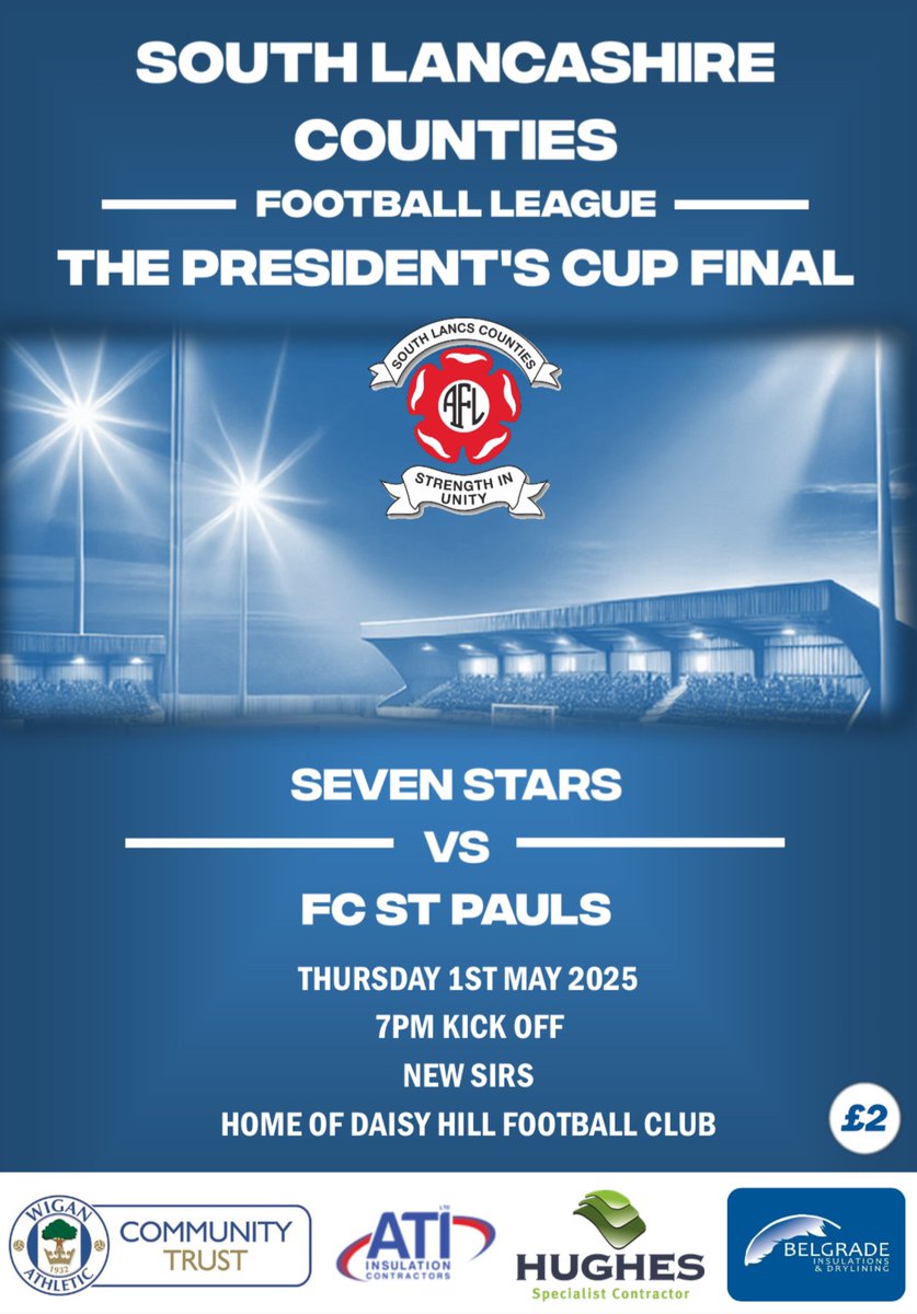SLCFL_Official (@officialslcfl) on Twitter photo Coming next.
2025 President's Cup Final sponsored by KRS Industrial Roofing
@FCSevenStars v <a href="/FCStPauls2020/">FC St. Paulās</a>
Thursday 1st May 7:00pm <a href="/DaisyHillFC/">Daisy Hill FC</a>
£4 adults (18-64) £1 concessions £2 programmes. CASH ONLY
Gates open from 6:00pm.
Refreshments sold inside the ground Coming next.
2025 President's Cup Final sponsored by KRS Industrial Roofing
@FCSevenStars v <a href="/FCStPauls2020/">FC St. Paulās</a>
Thursday 1st May 7:00pm <a href="/DaisyHillFC/">Daisy Hill FC</a>
£4 adults (18-64) £1 concessions £2 programmes. CASH ONLY
Gates open from 6:00pm.
Refreshments sold inside the ground