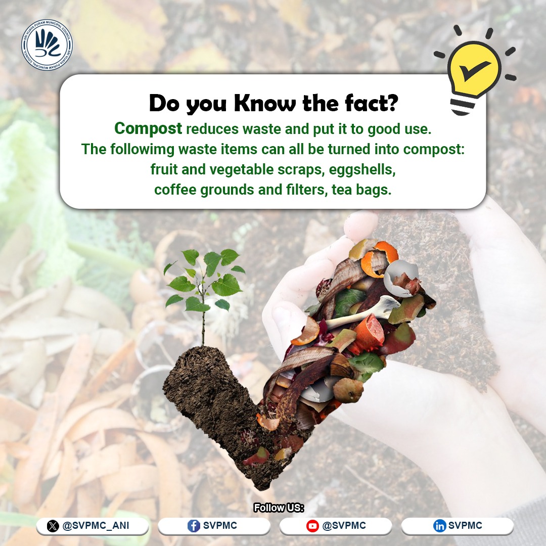 SVPMC_ANI's tweet photo. Turn your daily fruit, veggie, food, egg, and meat waste into compost! Instead of letting it pile up and smell, transform it into nutrient-rich soil and help the environment. Composting makes waste useful!
#CompostMagic #WasteToWealth #EcoFriendly https://t.co/Rkmi2E69fP