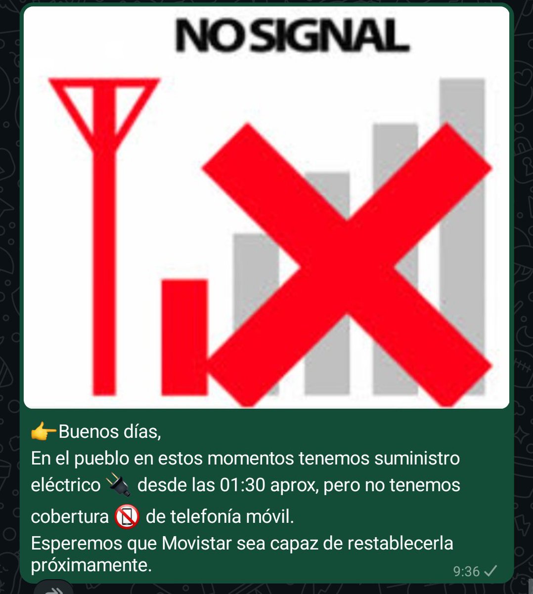 👉Buenos días, 
En el pueblo en estos momentos tenemos suministro eléctrico 🔌 desde las 01:30 aprox, pero no tenemos cobertura 📵 de telefonía móvil. 
Esperemos que <a href="/movistar_es/">Movistar España</a> de <a href="/telefonica/">Telefónica</a> sea capaz de restablecerla próximamente.