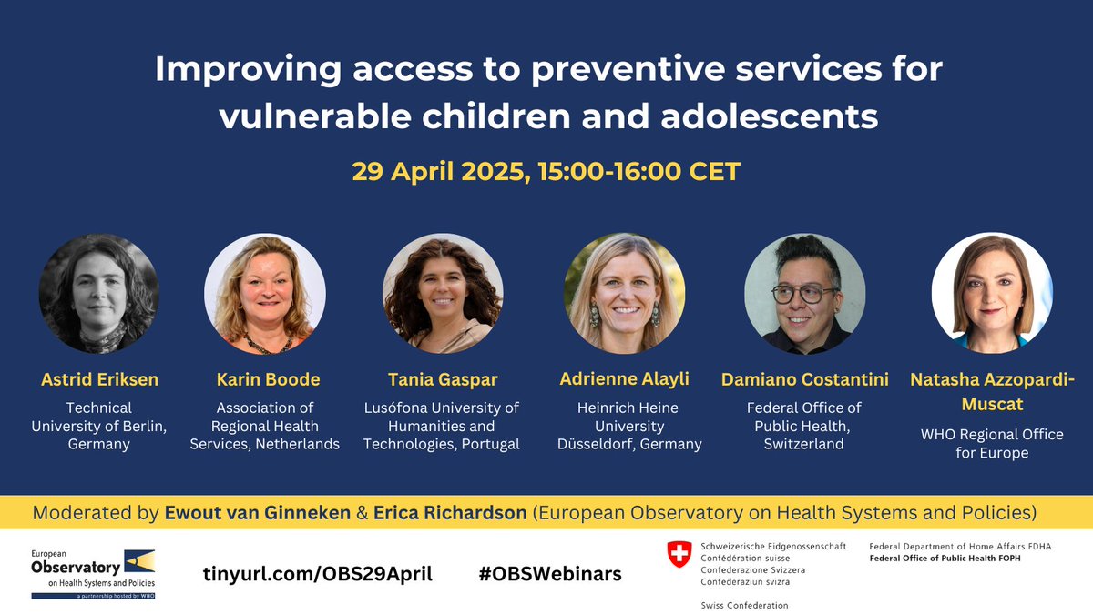Join us at #OBSWebinars this afternoon to discuss health promotion &amp; preventive services for children &amp; adolescents 👇

⏰ 29 April, 15:00 CET
 
Register eurohealthobservatory.who.int/news-room/even…

Excited to hear from international experts, now with <a href="/natasha_azzmus/">Natasha Azzopardi Muscat</a> from <a href="/WHO_Europe/">WHO/Europe</a> in the lineup!