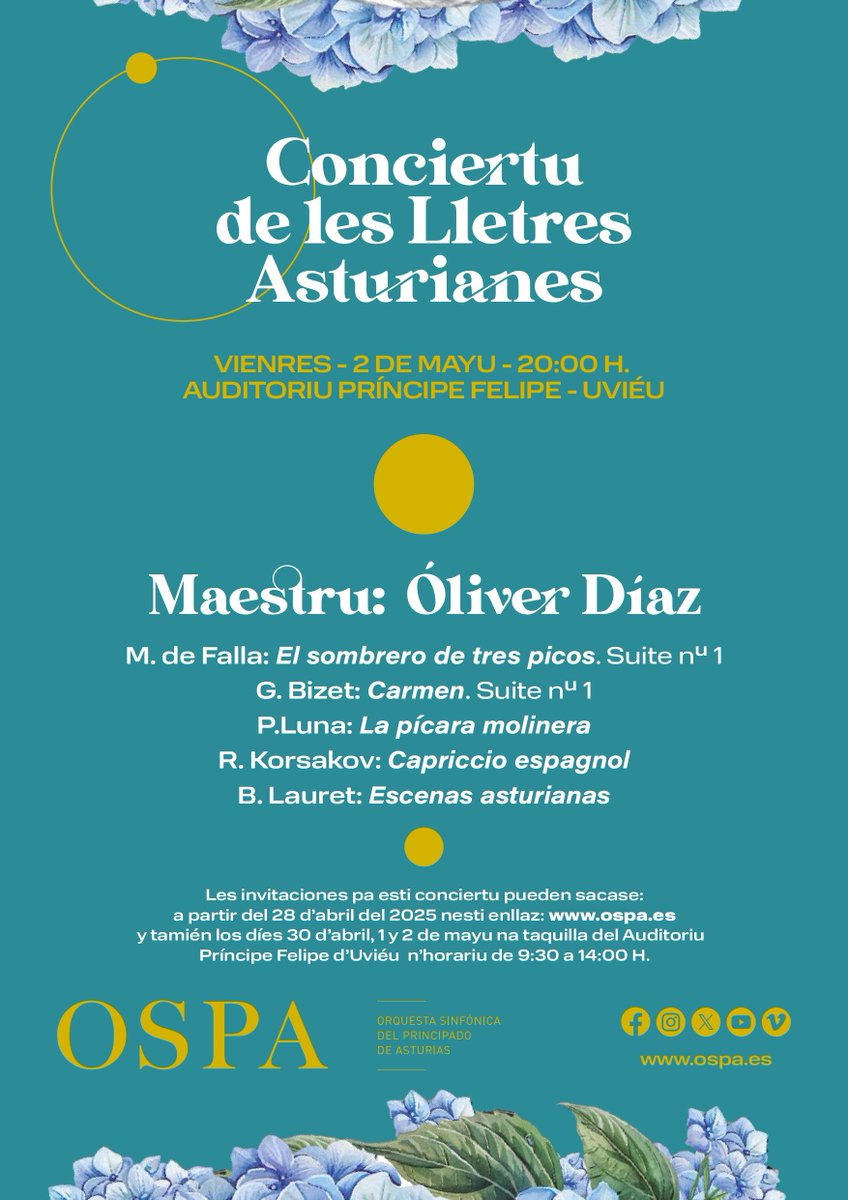 Yá tán disponibles les entraes pal Conciertu Estraordinariu de les Lletres Asturianes que celebra la
<a href="/OSPAcom/">𝐎𝐒𝐏𝐀</a>
esti vienres, 2 de mayu, onde van poder sentise pieces de Manuel de Falla, Georges Bizet, Rimsky Korsakov, Pablo Luna y Benito Lauret baxo la dirección d'Óliver Díaz.