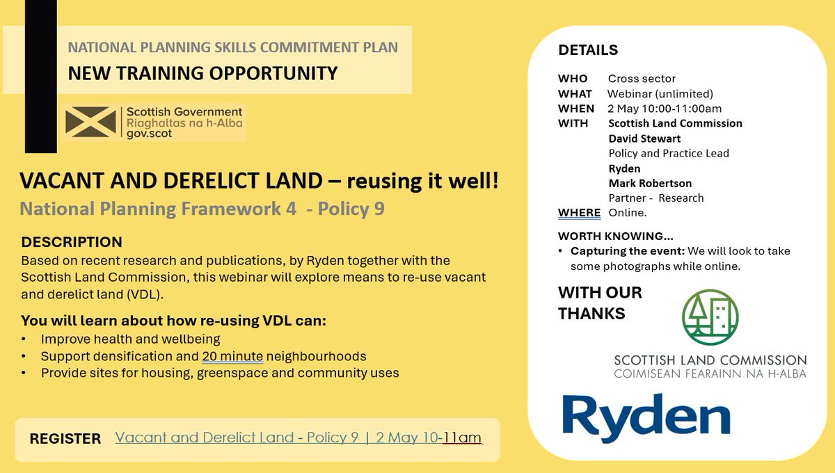 As April’s training schedule draws to a close, book into the next webinar on 2 May from 10-11am which focuses on Vacant and Derelict Land (Policy 9) and led by the Scottish Land Commission and Ryden. 

Book your place by clicking on the link below ⬇️

us02web.zoom.us/meeting/regist…
