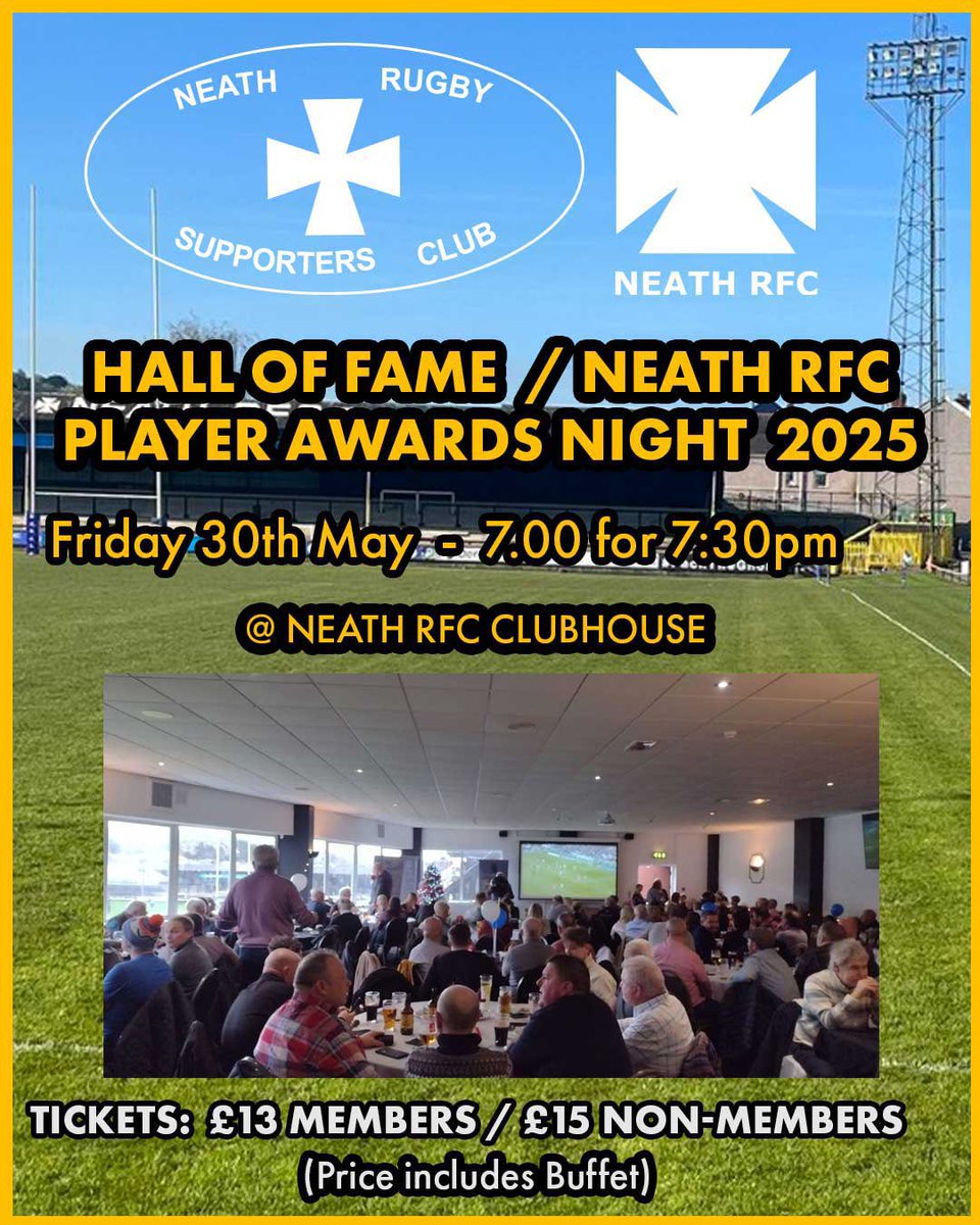 neathsupporters's tweet image. TICKETS NOW AVAILABLE: NEATH RUGBY SUPPORTERS’ CLUB – HALL OF FAME / NEATH RFC AWARDS NIGHT 

🎟  TICKETS
Hall of Fame / Neath RFC Player Awards Night tickets for the event on 30th May will be on sale at The Clubhouse from Dawn Williams THIS evening (29th April) between 6pm and…