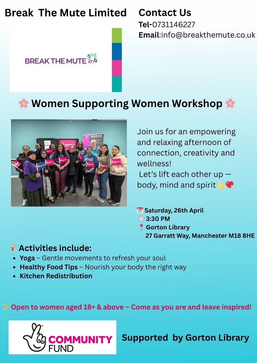 BreakTheMute's tweet photo. A beautiful day of movement, connection and sisterhood at our Women Supporting Women Workshop! 💪🧘‍♀️
From yoga to wellness tips, every moment was full of strength and joy. 💖
#BreakTheMute #WomenSupportingWomen #Gorton
@TNLComFund @ManCityCouncil https://t.co/pr4GN7N8MK