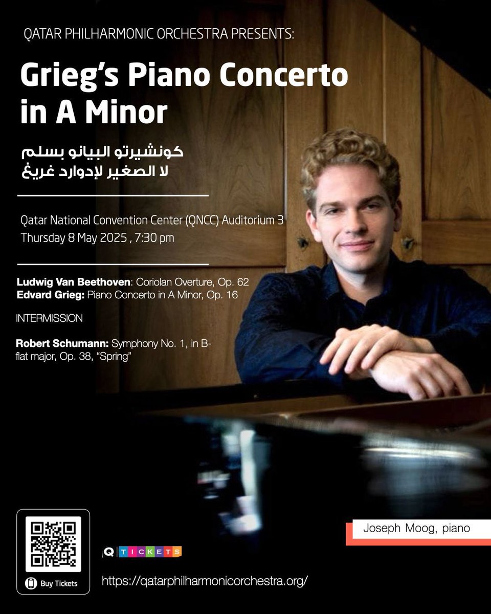 Join the Qatar Philharmonic Orchestra for a captivating evening featuring renowned conductor Elias Grandy and the celebrated pianist Joseph Moog. Experience the lyrical beauty and dramatic intensity of Grieg's Piano Concerto in A Minor.