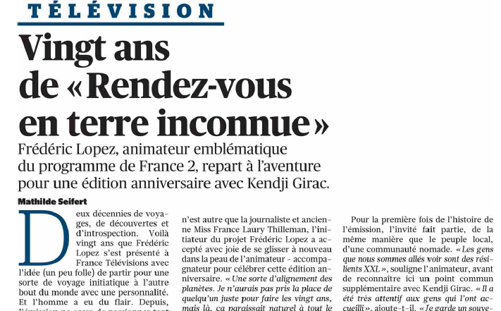 francetvpro's tweet photo. #LesMediasEnParlent 

@LeFigaroTV @Diverto_off @OuestFrance @le_Parisien 

Les 20 ans de "Rendez-vous en terre inconnue avec Kendji Girac chez les Turkana " @GIRACKENDJI 
@RDVETI 

▶️ Ce soir à 21.00 sur https://t.co/JqV7mXAoWY et #France2 https://t.co/RLOTaWENQ2