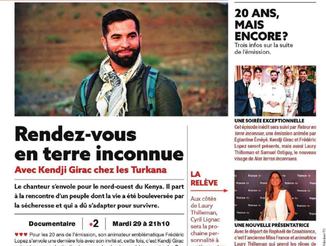 francetvpro's tweet photo. #LesMediasEnParlent 

@LeFigaroTV @Diverto_off @OuestFrance @le_Parisien 

Les 20 ans de "Rendez-vous en terre inconnue avec Kendji Girac chez les Turkana " @GIRACKENDJI 
@RDVETI 

▶️ Ce soir à 21.00 sur https://t.co/JqV7mXAoWY et #France2 https://t.co/RLOTaWENQ2