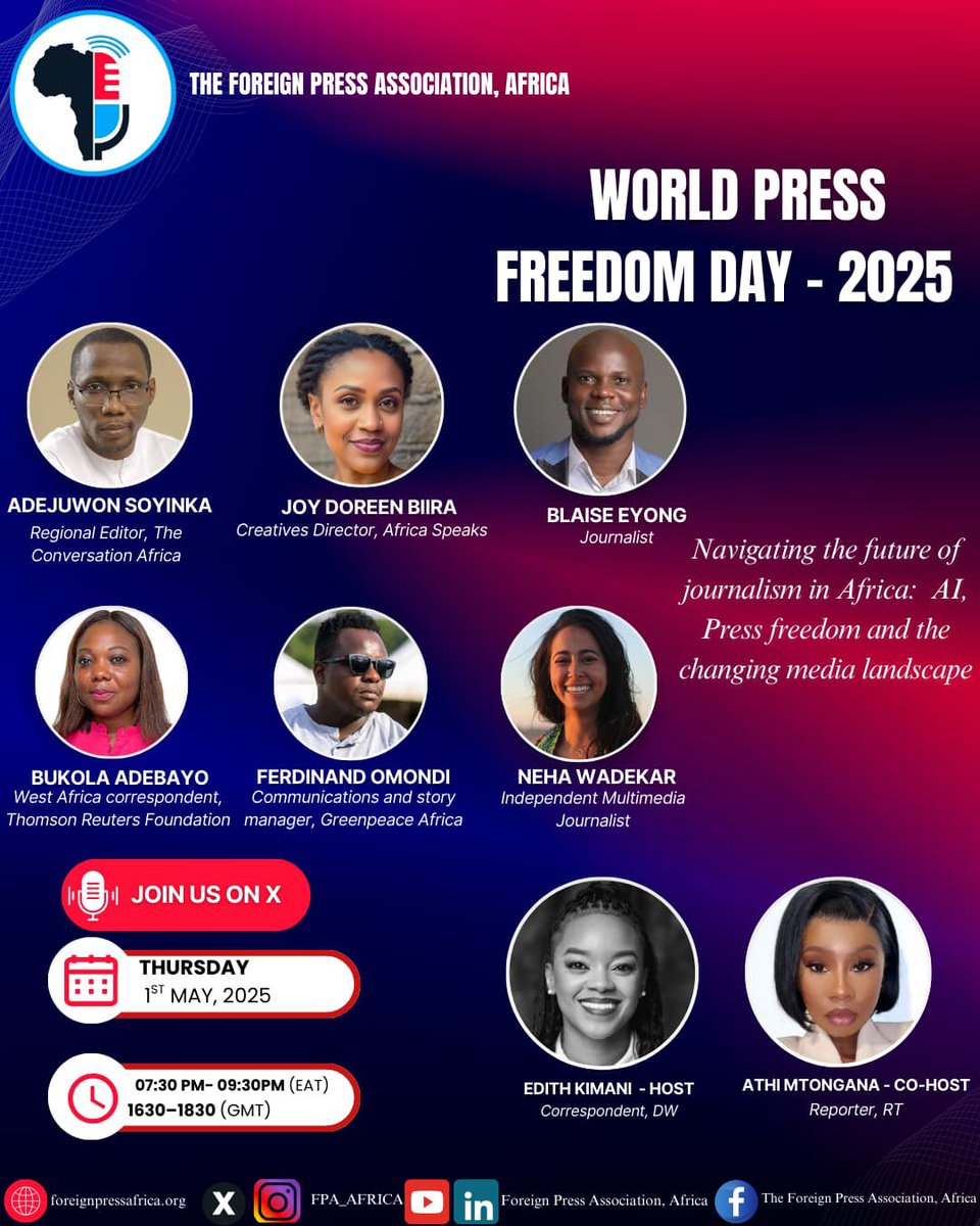 The Foreign Press Association, Africa(FPAA). (@fpa_africa) on Twitter photo What's the future journalism in Africa in the age of AI and Open-Source Intelligence, OSINT?
Ahead of the World Press Freedom Day, our colleagues <a href="/Edith_kimani/">Edith kimani</a> and <a href="/AthiMtongana/">Athi Mtongana</a> host an in-depth <a href="/XSpaces/">Spaces</a>🎙️ conversation on how technology is impacting journalism on the continent. What's the future journalism in Africa in the age of AI and Open-Source Intelligence, OSINT?
Ahead of the World Press Freedom Day, our colleagues <a href="/Edith_kimani/">Edith kimani</a> and <a href="/AthiMtongana/">Athi Mtongana</a> host an in-depth <a href="/XSpaces/">Spaces</a>🎙️ conversation on how technology is impacting journalism on the continent.