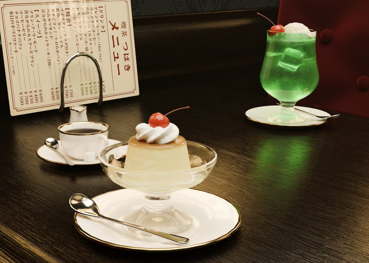 純喫茶☕完成！

食べ物めっちゃ頑張ったから見て🥰

#blender
#blender初心者
#b3d
#ミニルーム