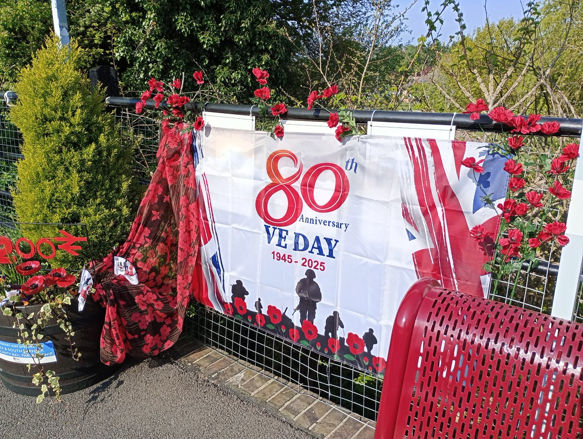 VE day display at Chappel and Wakes Colne station which played a pivotal role in the war keeping the airfields fuelled. The fuel dumps were in Station Road. The military personnel and armaments were carried by train. The station adopters wanted to remember the Anniversary.