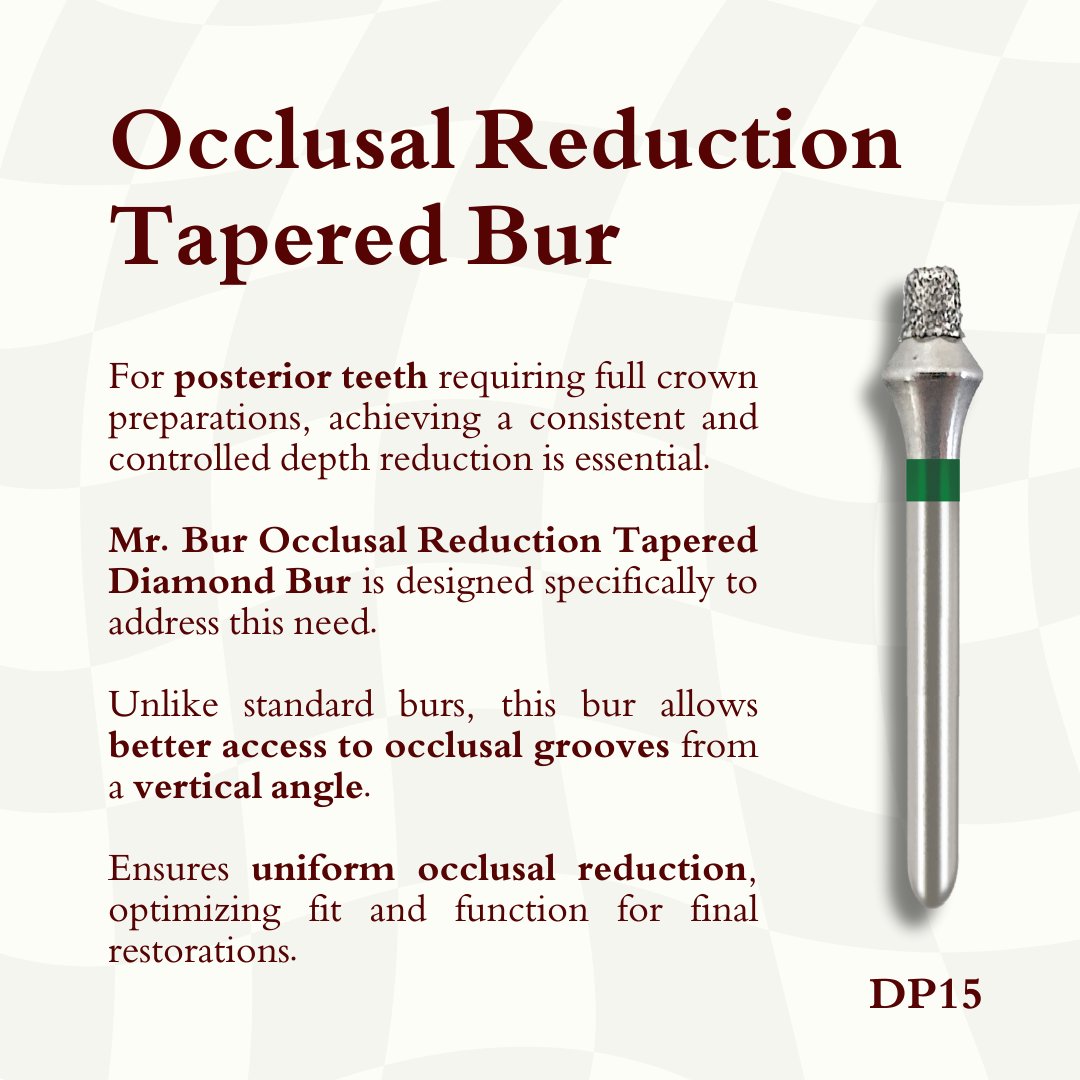 BurGlobal61757's tweet image. 3. How can I ensure uniform occlusal clearance during posterior crown preparation?

Try Mr. Bur Occlusal Reduction Tapered Bur with built-in depth control, ensuring that restorations seat properly while preserving tooth structure.

#PosteriorCrown #DepthControl #TaperedBur